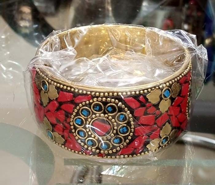 Bohotusk Red Mosaic Brass Bangle Bracelet featuring intricate mosaic detailing and colorful stones.