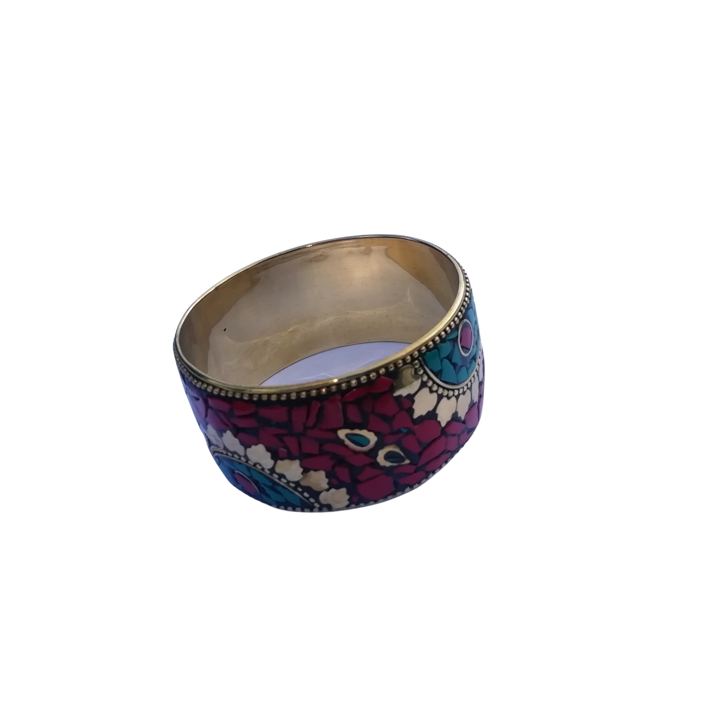 Bohotusk Red Mosaic Brass Bangle Bracelet featuring intricate mosaic detailing and colorful stones.