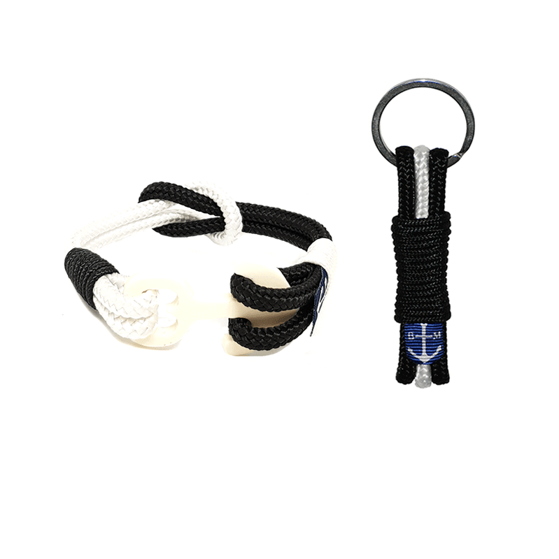 Bounty Nautical Bracelet and Keychain featuring black and white nautical ropes with a wooden anchor, elegantly displayed.