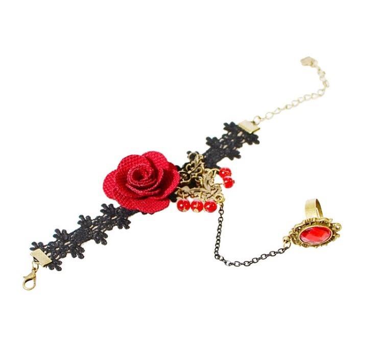 A beautiful Red Rose Ring Bracelet featuring a stunning rose design, crafted from high-quality alloy and lace, available in gold, red, and black colors.