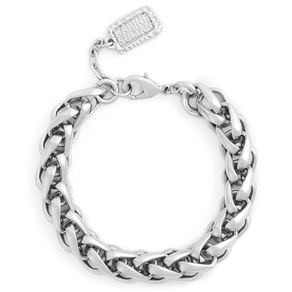 A stylish braided link bracelet made of pewter with gold or silver plating, featuring interlocked links and a lobster clasp.