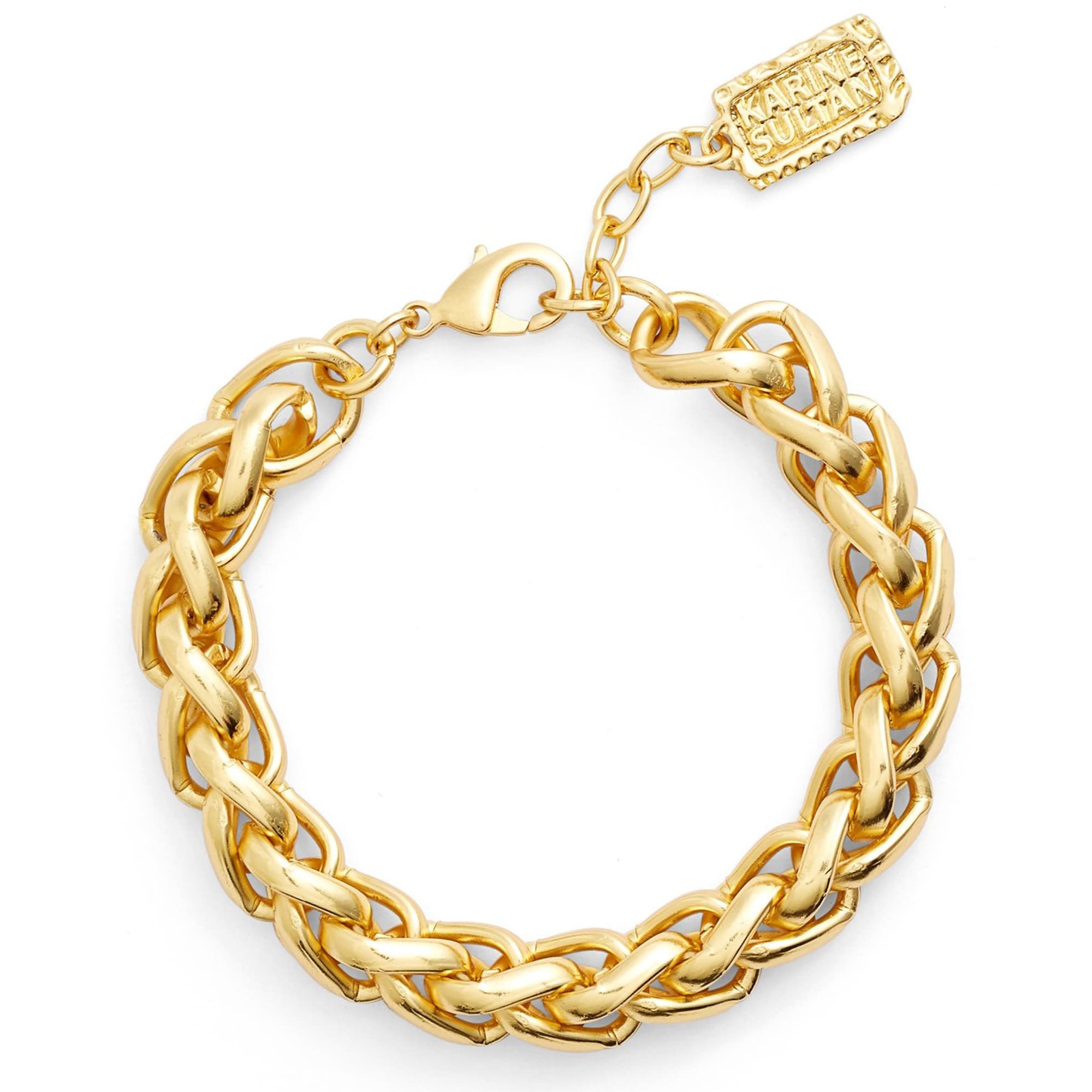 A stylish braided link bracelet made of pewter with gold or silver plating, featuring interlocked links and a lobster clasp.