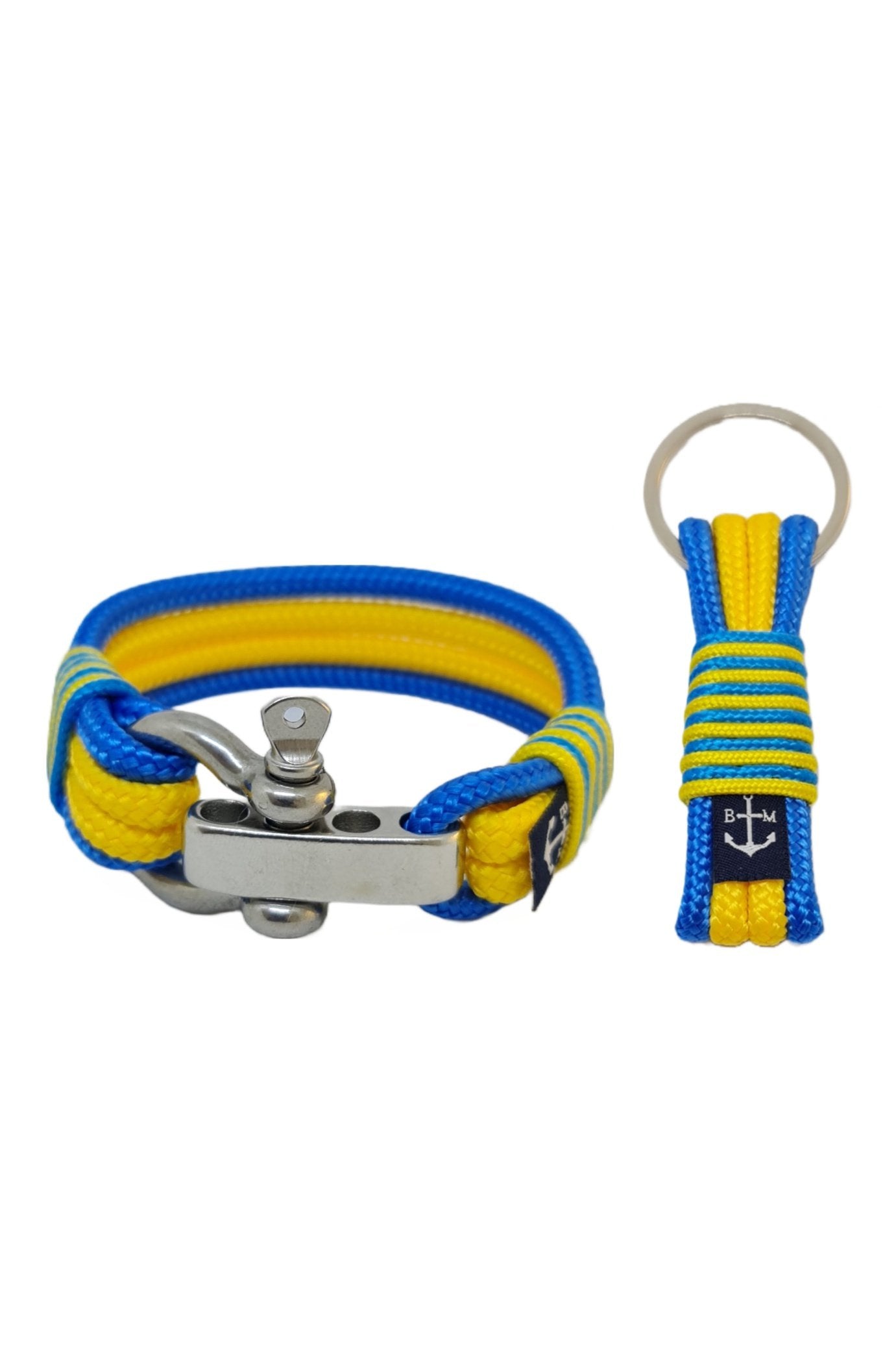 Bundoran Nautical Bracelet and Keychain featuring yellow and blue nautical ropes with a stainless steel anchor, handmade in Dublin, Ireland.