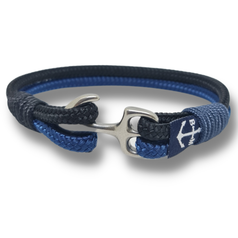 Cahir Nautical Bracelet featuring blue and gray sailing ropes with a stainless steel shackle, showcasing a stylish and durable design.