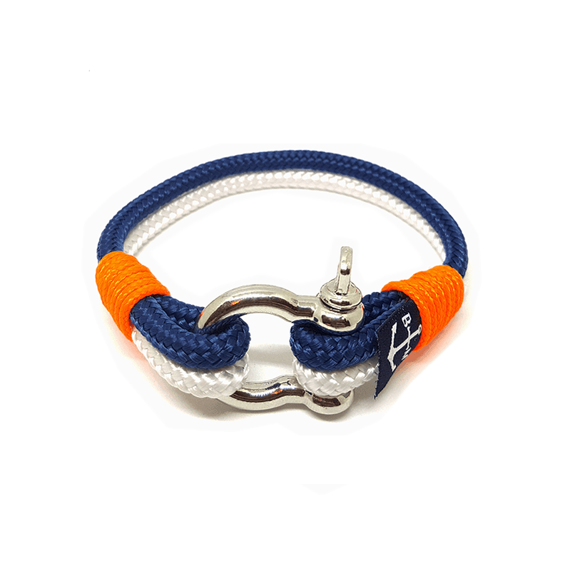 Cape Cod Nautical Bracelet featuring blue and white nautical ropes with a stainless steel shackle, handmade in Dublin, Ireland.