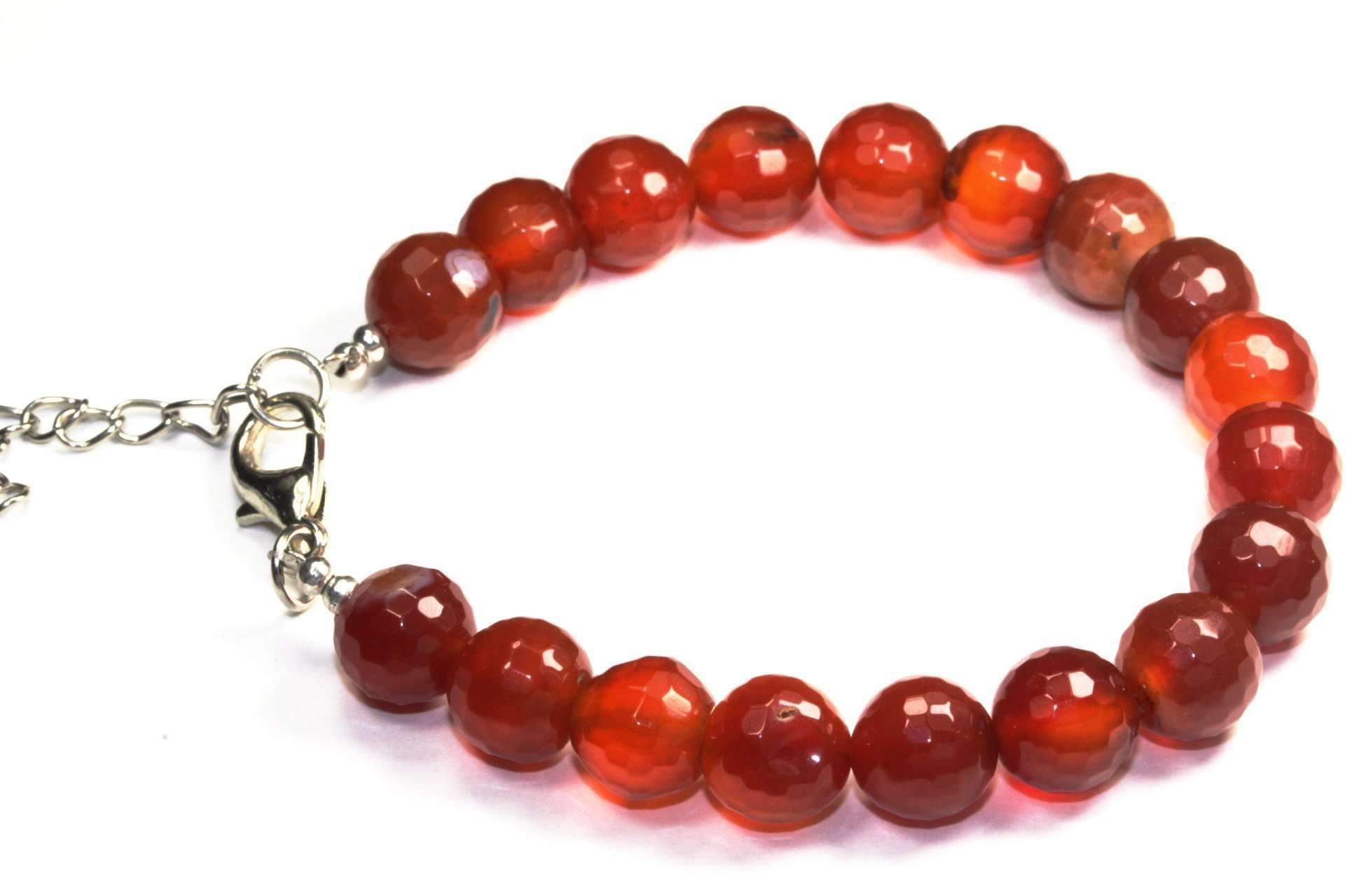 A beautiful Carnelian Faceted Stone Bracelet showcasing vibrant orange and red hues, featuring a faceted design and a lobster clasp closure.