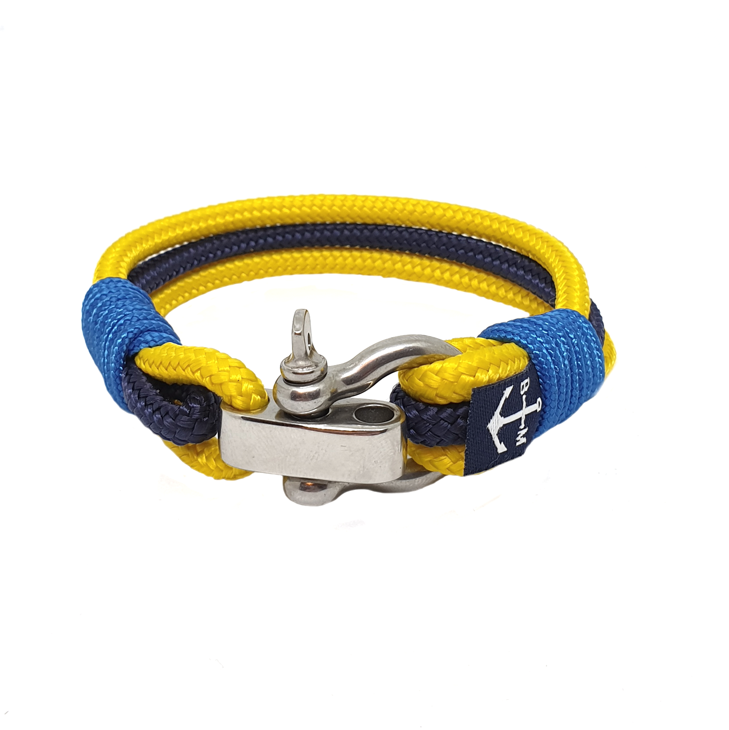 Ceallach Nautical Bracelet featuring yellow and black sailing ropes with a stainless steel shackle, handmade in Dublin, Ireland.