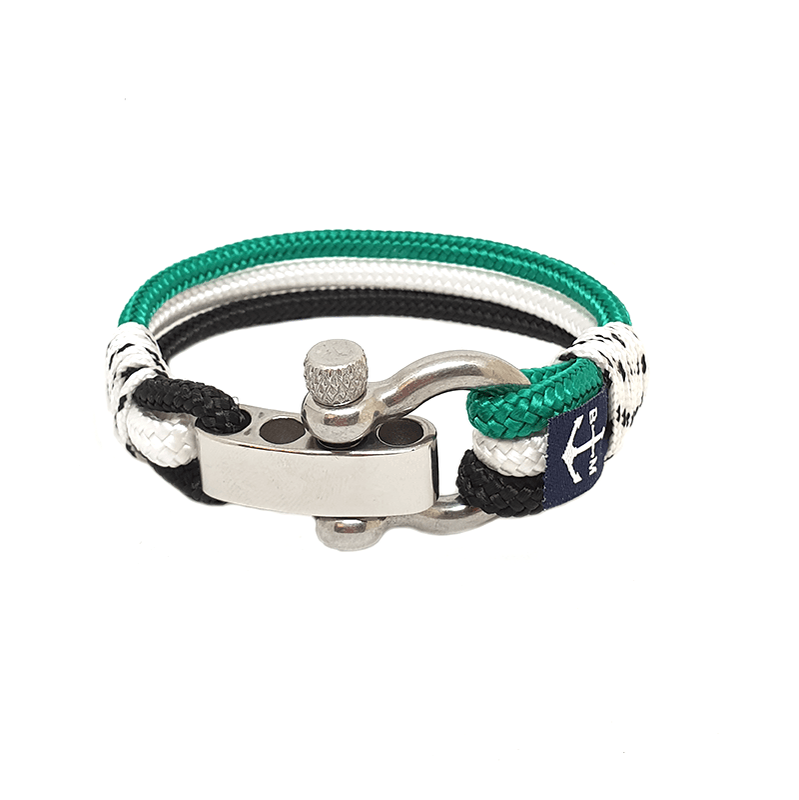 Ceres Nautical Bracelet featuring green, black, and white sailing ropes with a stainless steel shackle, elegantly displayed on a wrist.