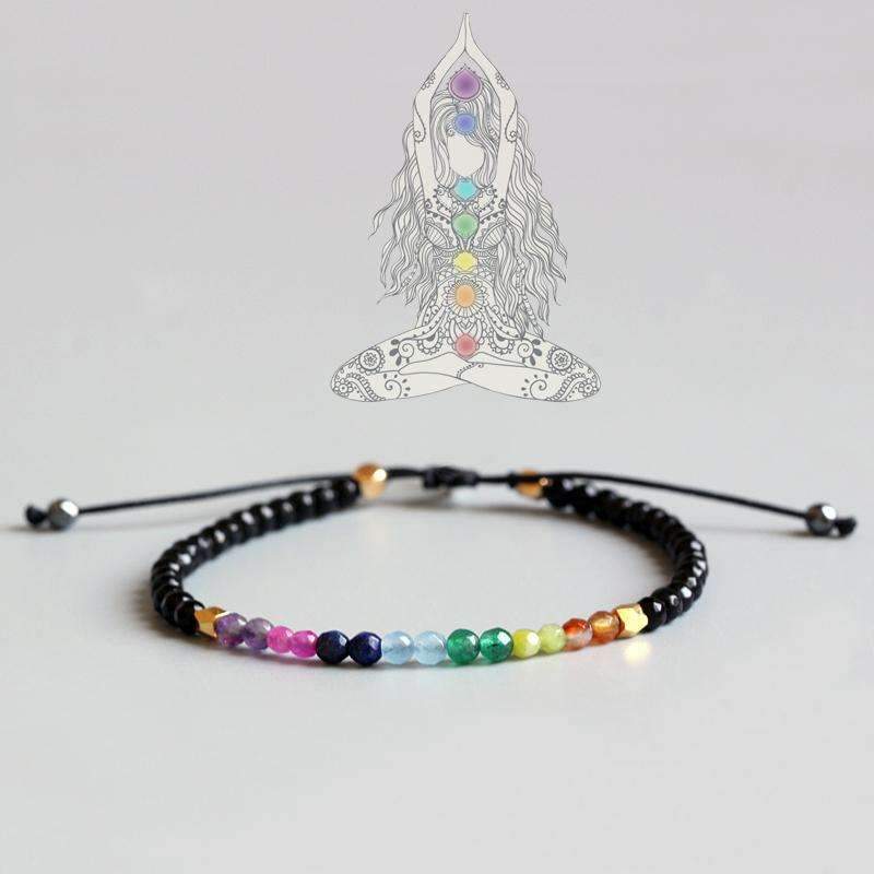 Chakra Bead Bracelet featuring 3-mm natural crystal beads in vibrant colors, adjustable design for a perfect fit.