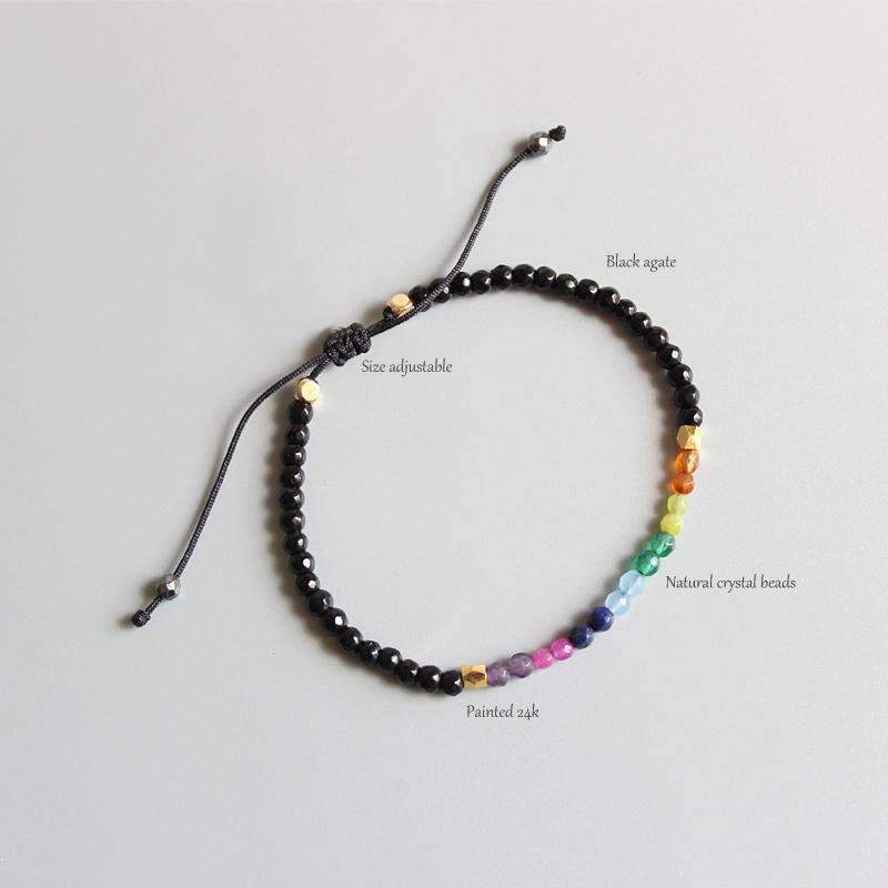 Chakra Bead Bracelet featuring 3-mm natural crystal beads in vibrant colors, adjustable design for a perfect fit.