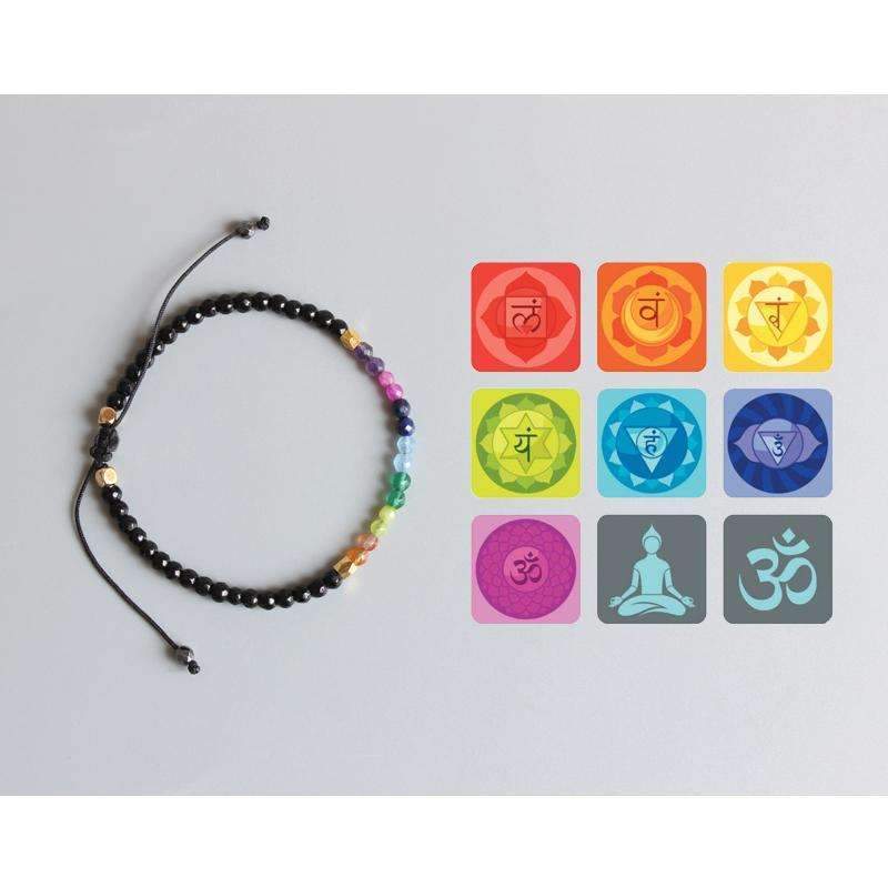 Chakra Bead Bracelet featuring 3-mm natural crystal beads in vibrant colors, adjustable design for a perfect fit.