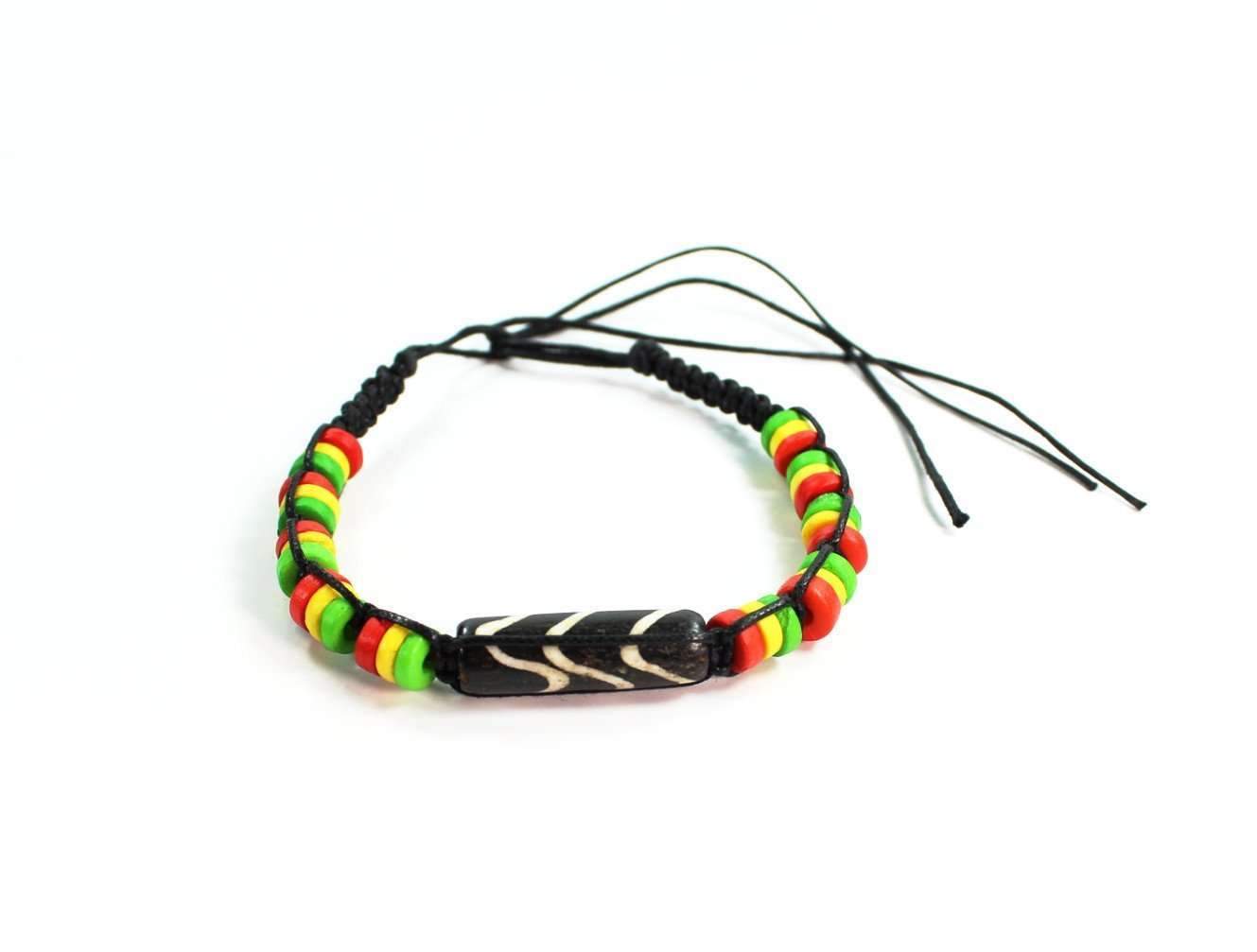 Chevron Pattern & Rasta Vibes Friendship Bracelet featuring colorful beads and a bone centerpiece on an adjustable cotton cord.