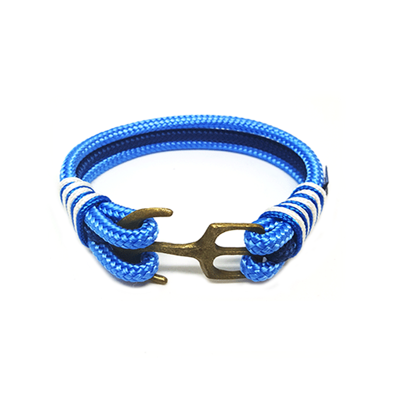 Cliodhna Nautical Bracelet featuring blue and white sailing ropes with a bronze anchor, handmade in Dublin, Ireland.