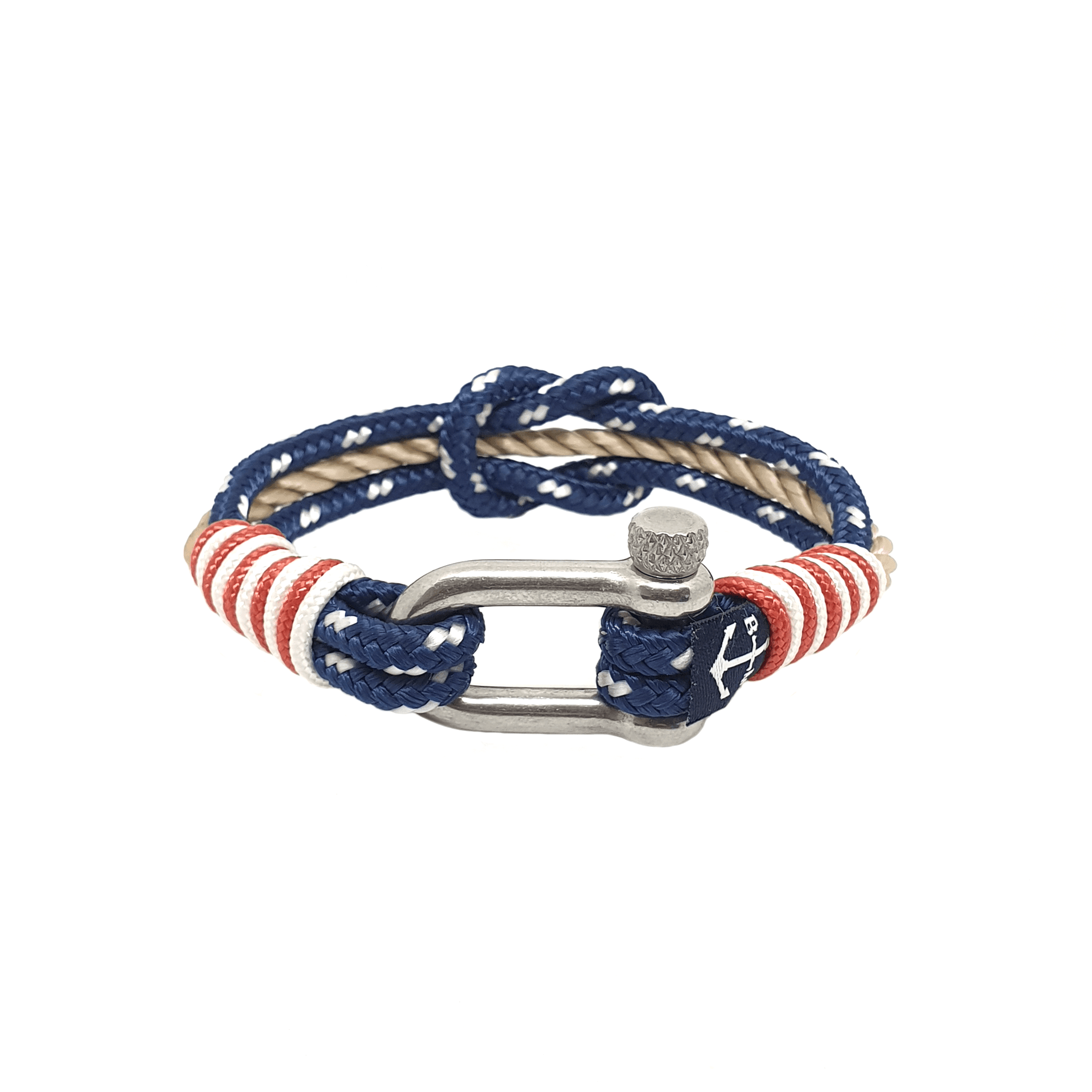 Declan Nautical Bracelet featuring red, blue, and white sailing ropes with a stainless steel shackle, handmade in Dublin, Ireland.