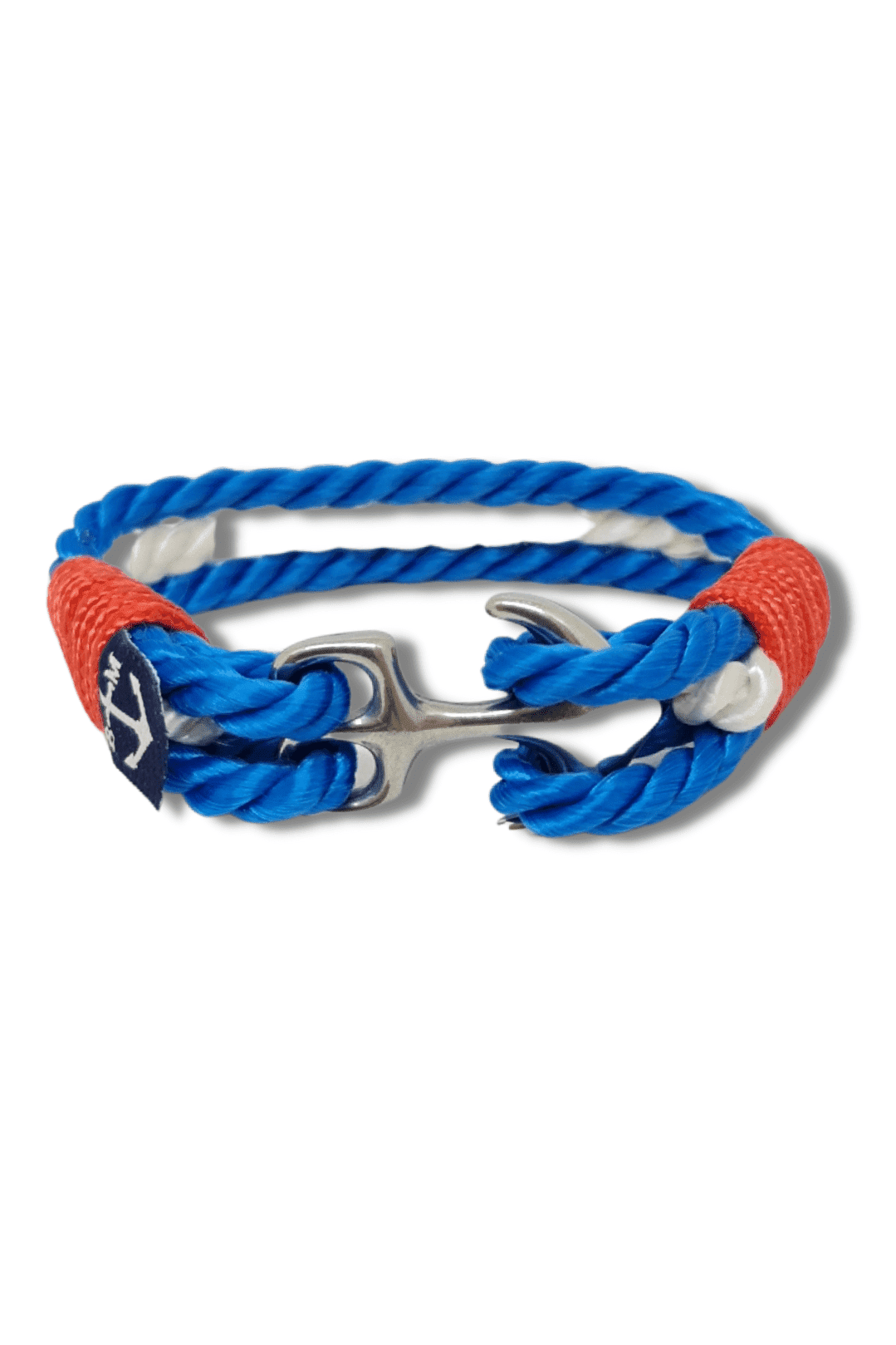 Dundalk Nautical Bracelet featuring blue, red, and white sailing ropes with a stainless steel shackle, handmade in Dublin, Ireland.