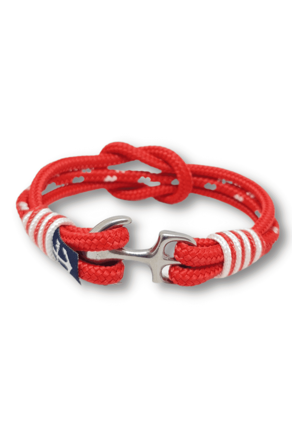 Eirinn Rose Bracelet featuring red and white nautical ropes with a wooden anchor, elegantly displayed on a wrist.