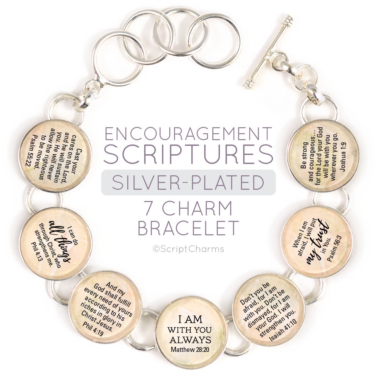 Silver-plated charm bracelet featuring Bible verses, handcrafted with glass charms and adjustable toggle clasp.