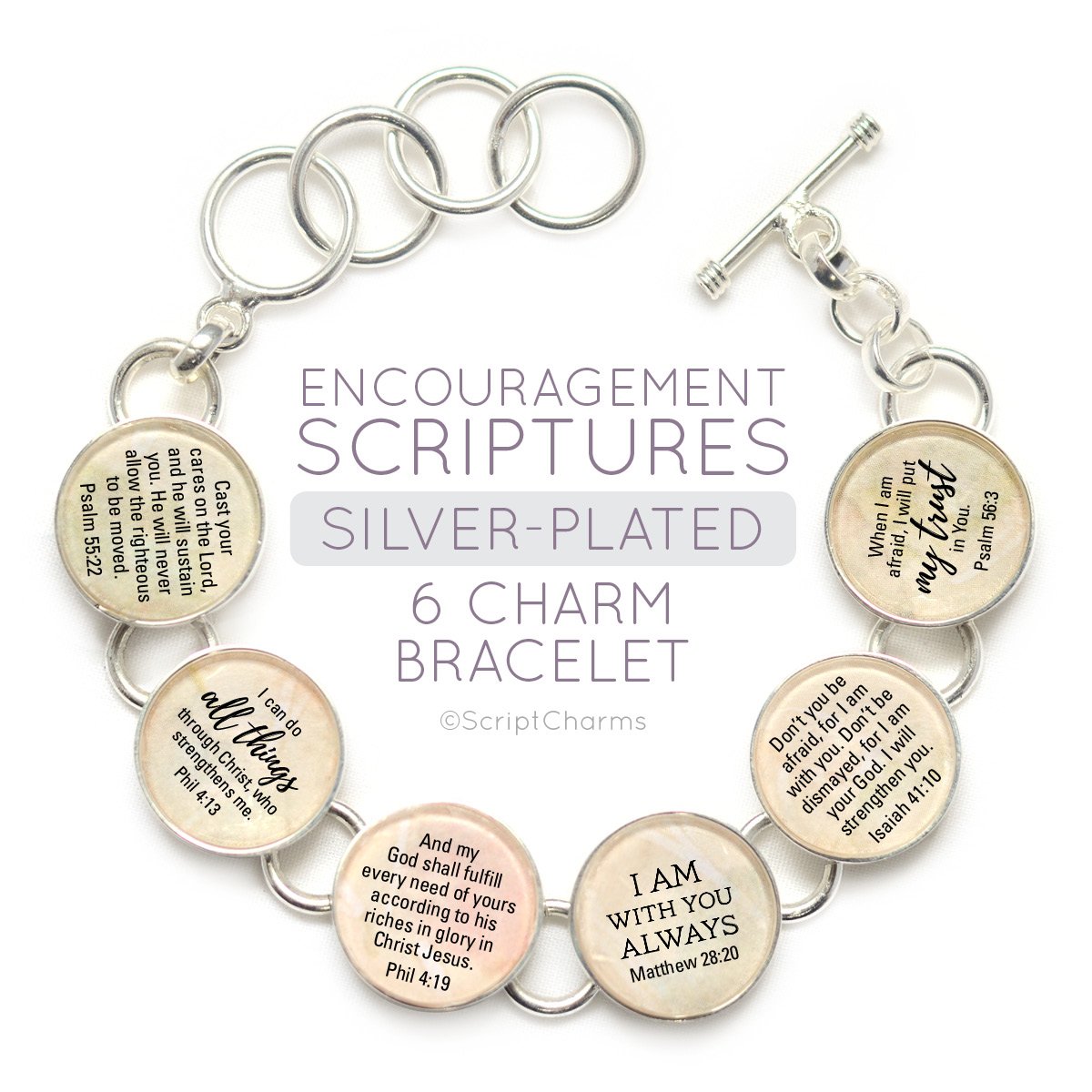 Silver-plated charm bracelet featuring Bible verses, handcrafted with glass charms and adjustable toggle clasp.