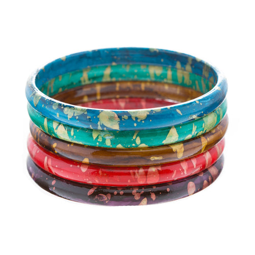 A stylish set of 5 abstract bangle bracelets in vibrant multi-colors, featuring an enamel coating for durability and a chic stackable design.