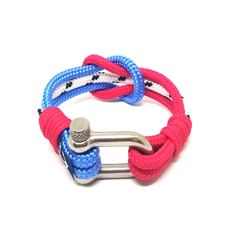 Feargal Nautical Bracelet featuring blue, pink, and white sailing ropes with a stainless steel shackle, handmade in Dublin, Ireland.