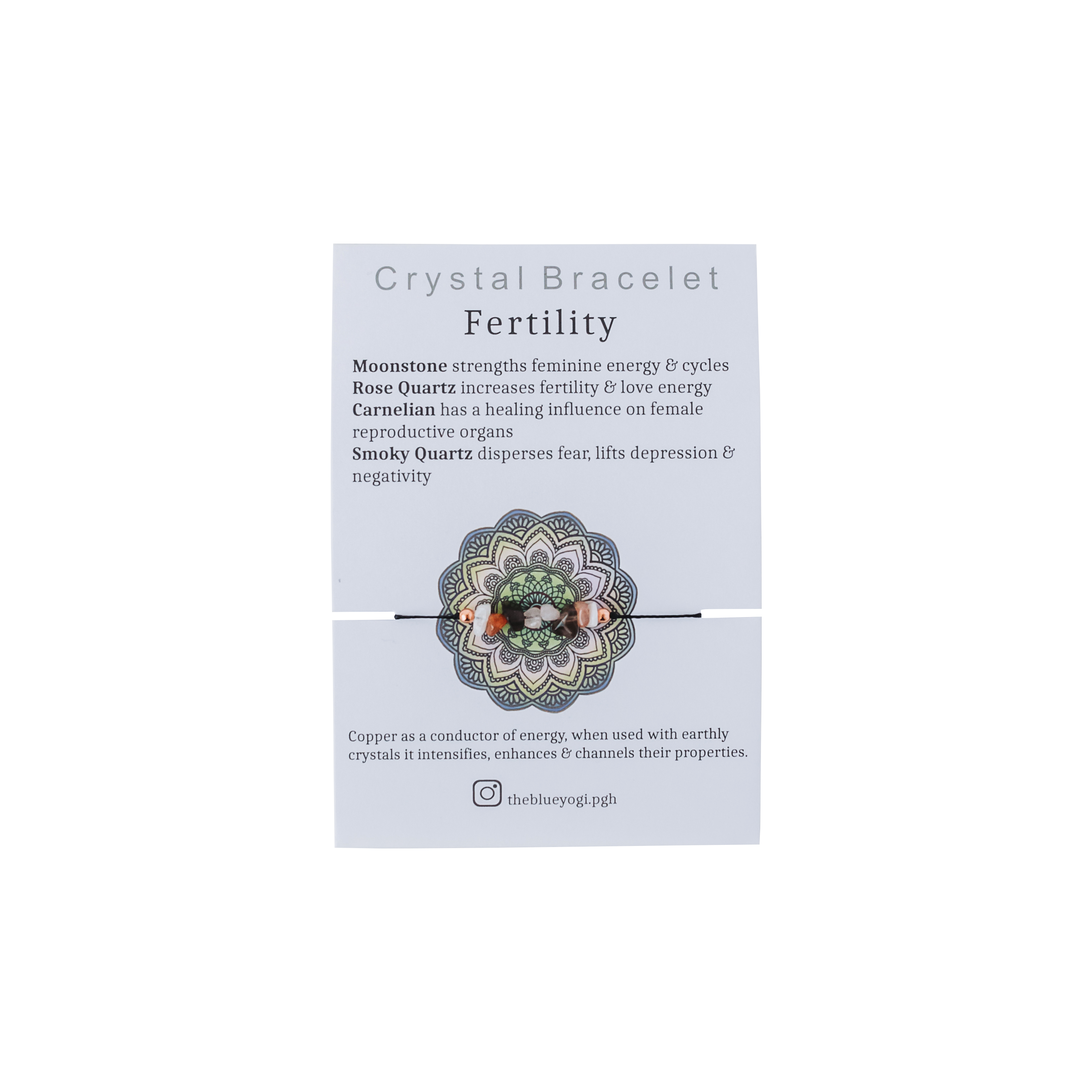 A handcrafted Fertility Bracelet made of natural gemstones on a hemp cord, featuring a tie closure and a Mandala art card with healing properties.