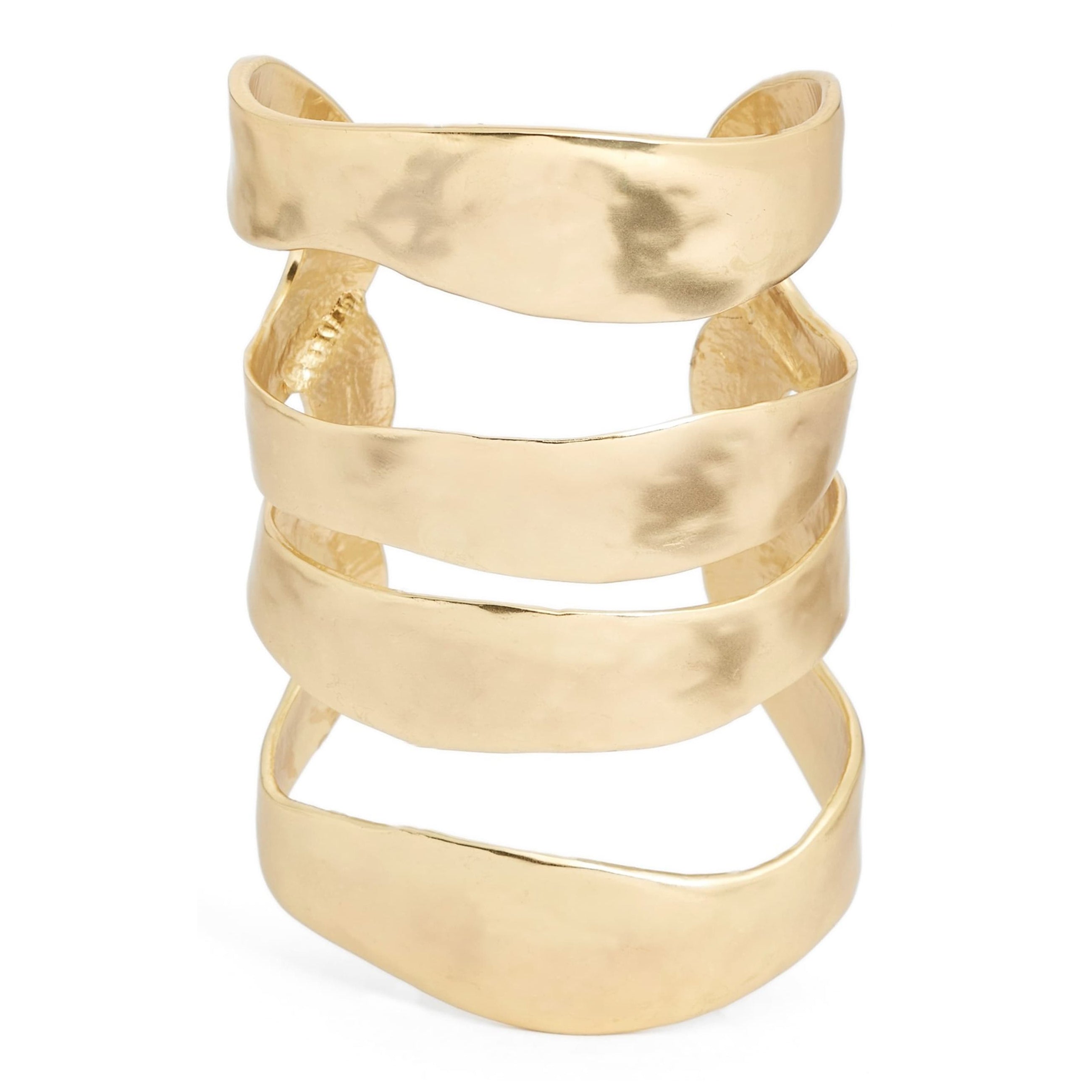 A stunning Four Row Cuff Bracelet made of textured metal with asymmetrical cut-outs, available in gold, silver, and rose gold finishes.