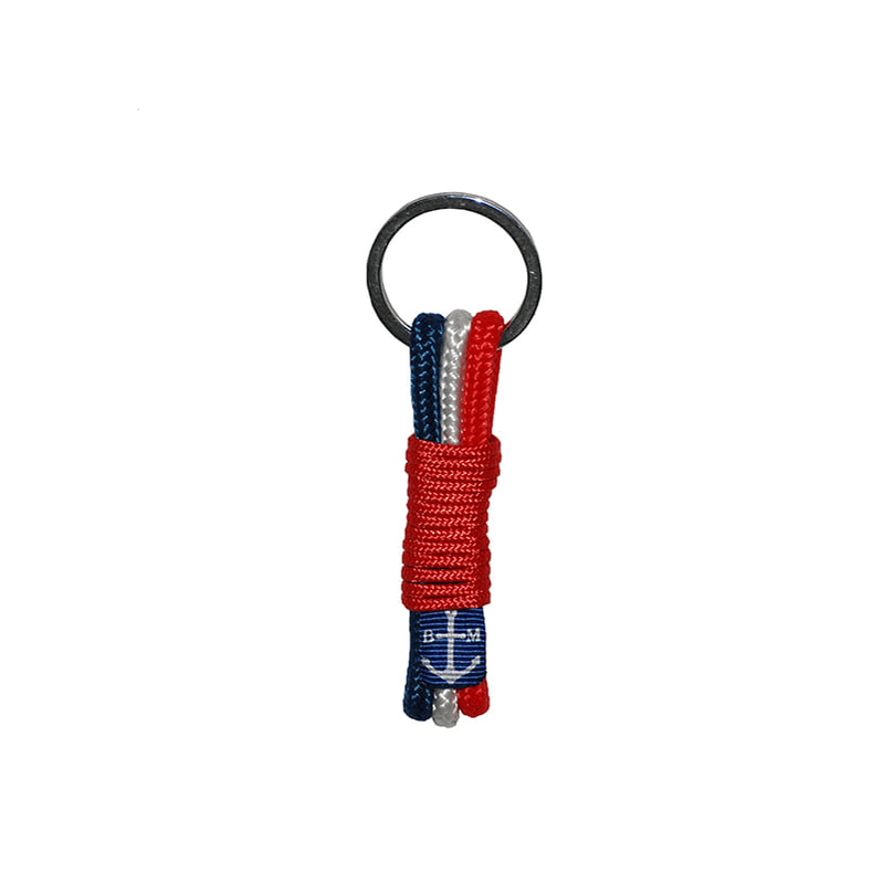 French Flag Handmade Lariat Keychain featuring red, white, and blue nautical ropes, showcasing elegant craftsmanship.