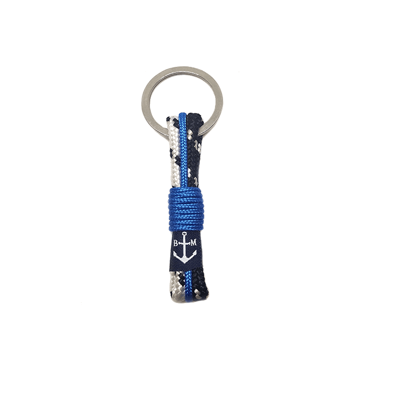 Freya Keychain made of durable nautical ropes in black, blue, and white colors, showcasing its handmade craftsmanship.