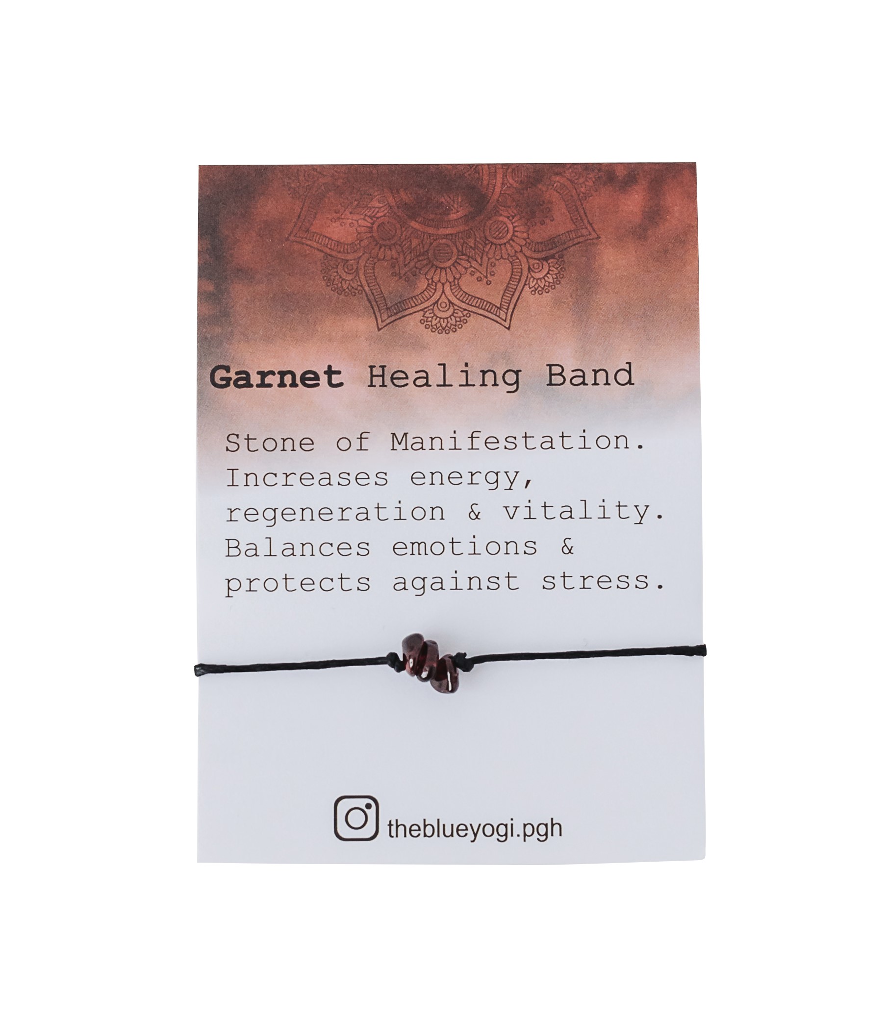 A Garnet Healing Band featuring natural garnet gemstones and a tie closure, displayed with a watercolor Mandala art card.