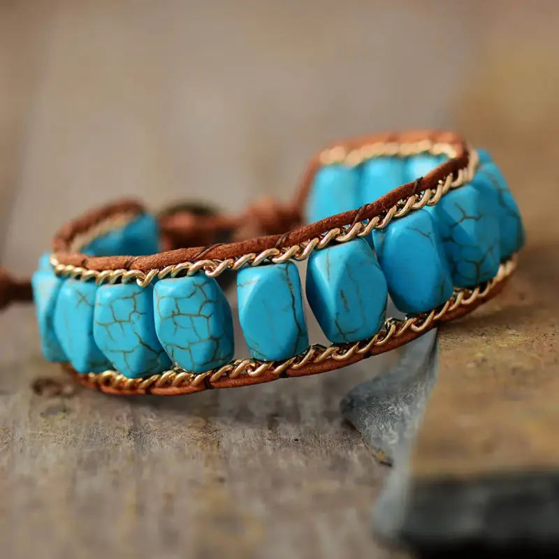 Gold Chain Turquoise Boho Bracelet featuring vibrant turquoise stones and a gold chain, perfect for bohemian style.