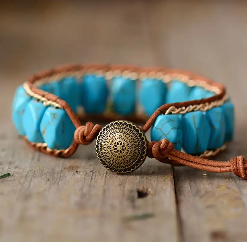 Gold Chain Turquoise Boho Bracelet featuring vibrant turquoise stones and a gold chain, perfect for bohemian style.