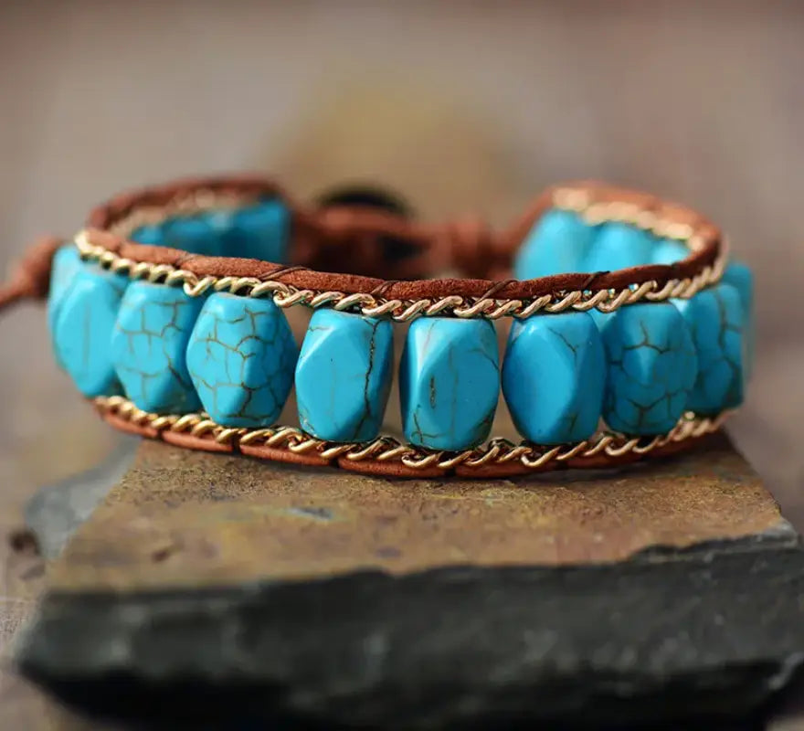 Gold Chain Turquoise Boho Bracelet featuring vibrant turquoise stones and a gold chain, perfect for bohemian style.