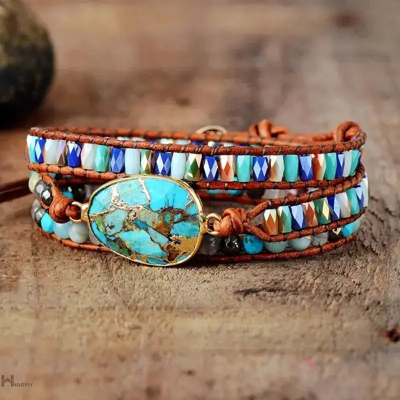 Handcrafted Gold Line Turquoise Bracelet featuring natural turquoise beads with unique veining and an adjustable design for a perfect fit.