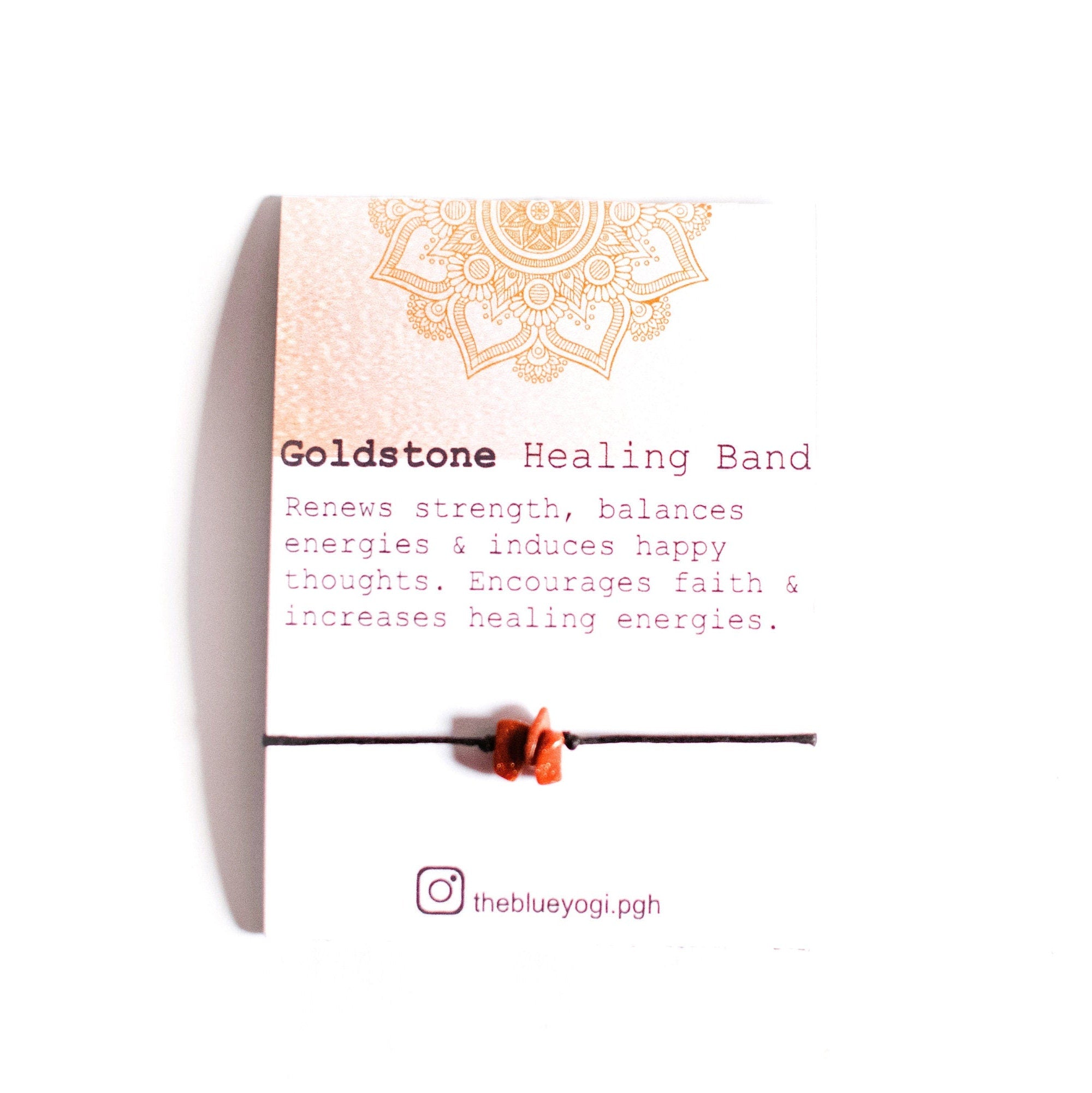 Goldstone Gemstone Power Band with tie closure, featuring natural gemstones and a wish-making card with watercolor Mandala art.