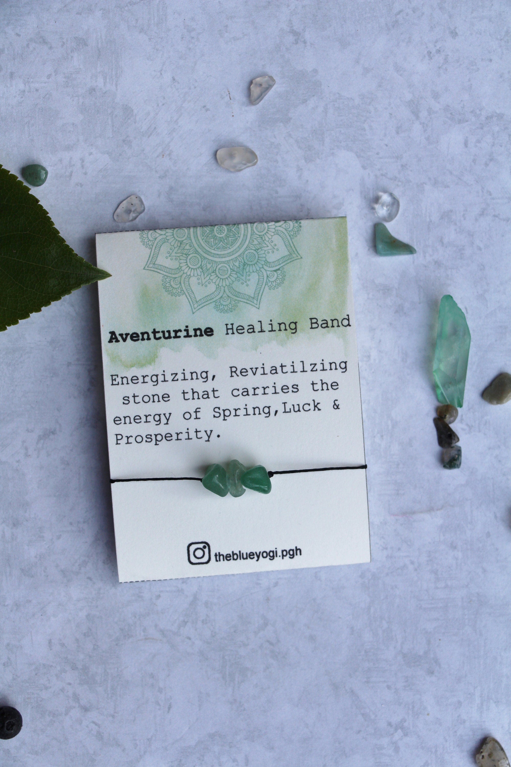 Green Aventurine Gemstone Healing Band with tie closure, showcasing natural gemstones and a boho design.