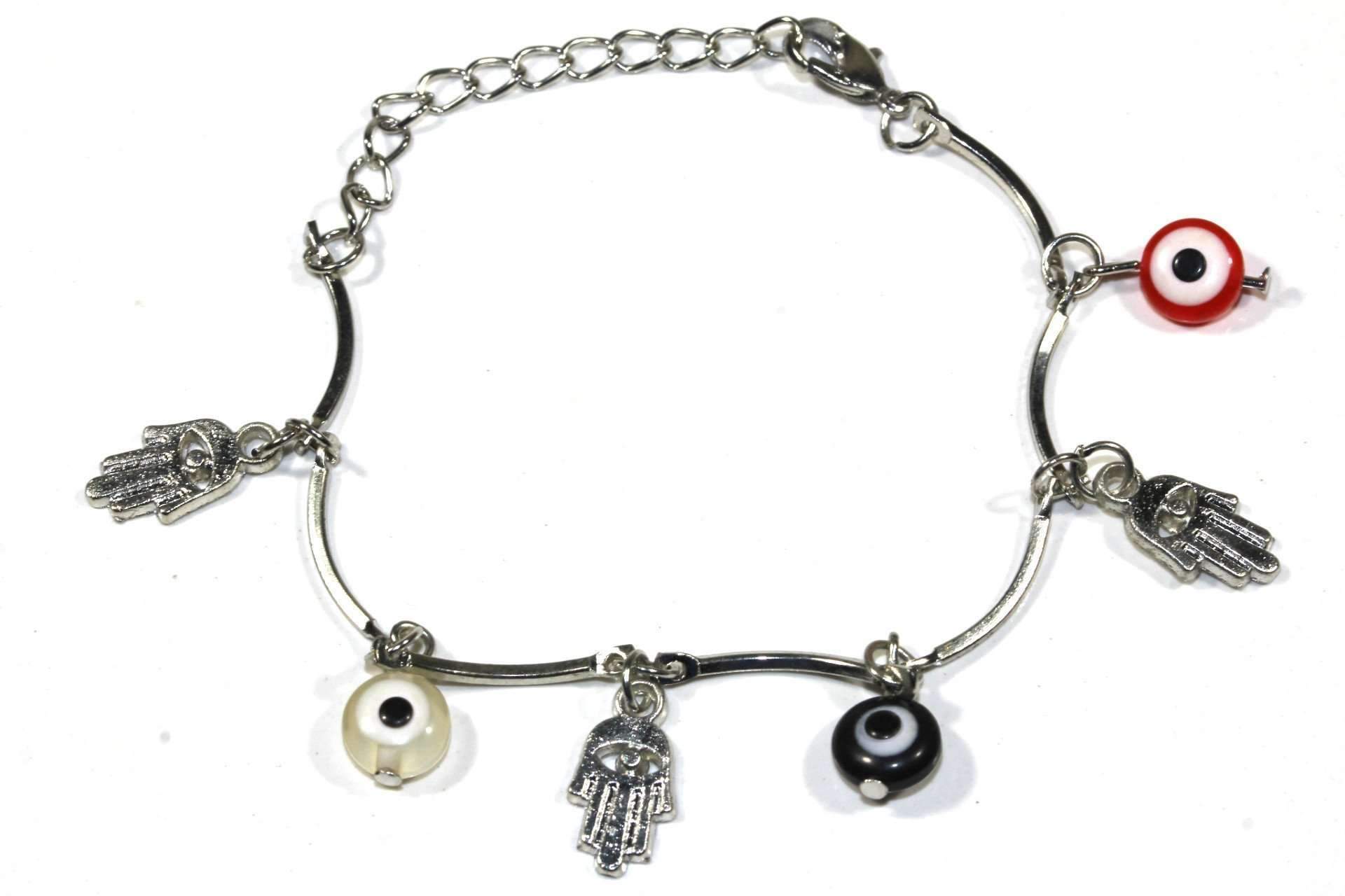 A delicate silver tone bracelet featuring Hamsa Hand and Evil Eye symbols, adorned with multicolor beads for spiritual protection.