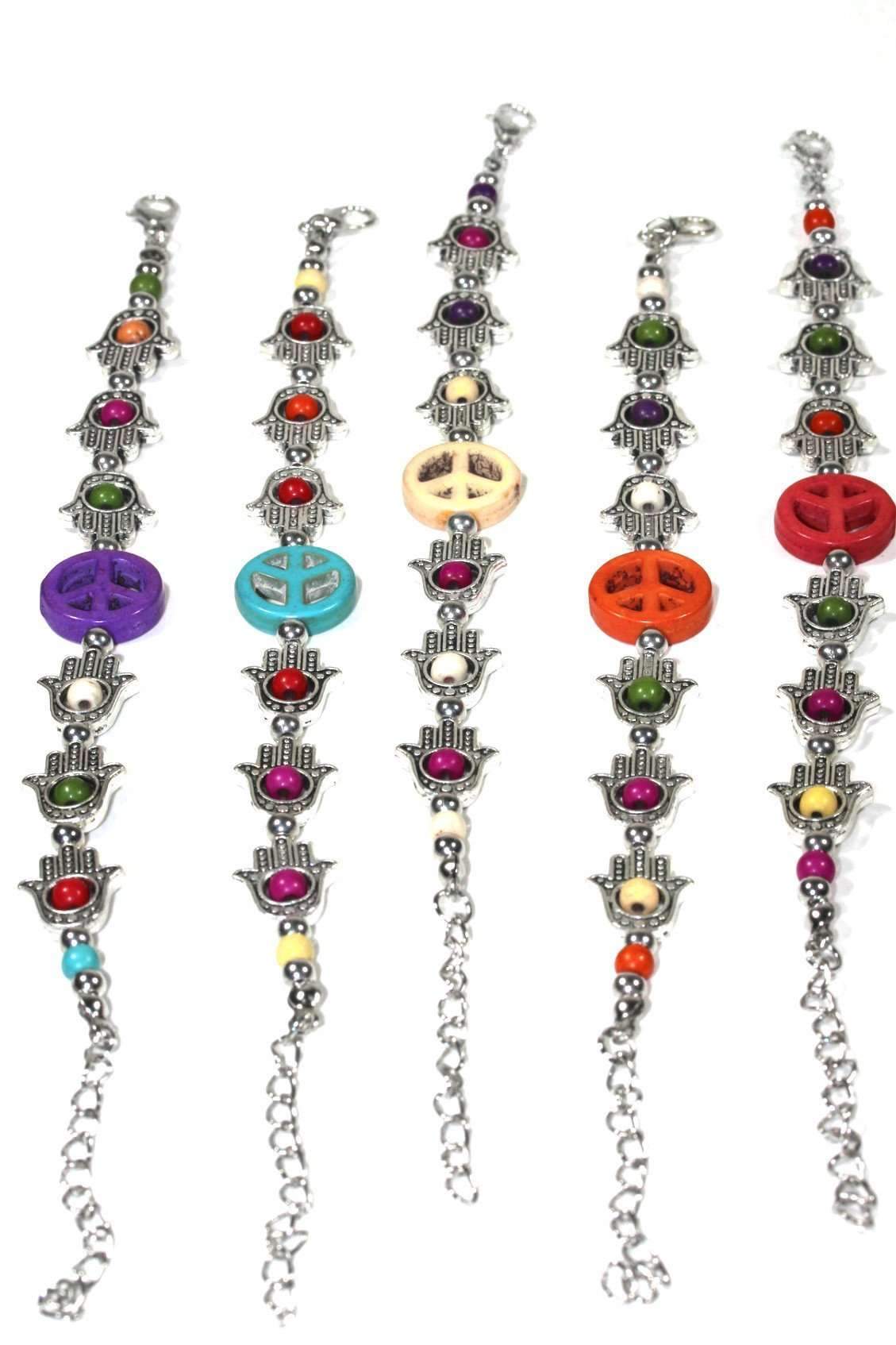 A stylish silver tone bracelet featuring Hamsa Hand and peace charms, adorned with colorful beads in a boho style.