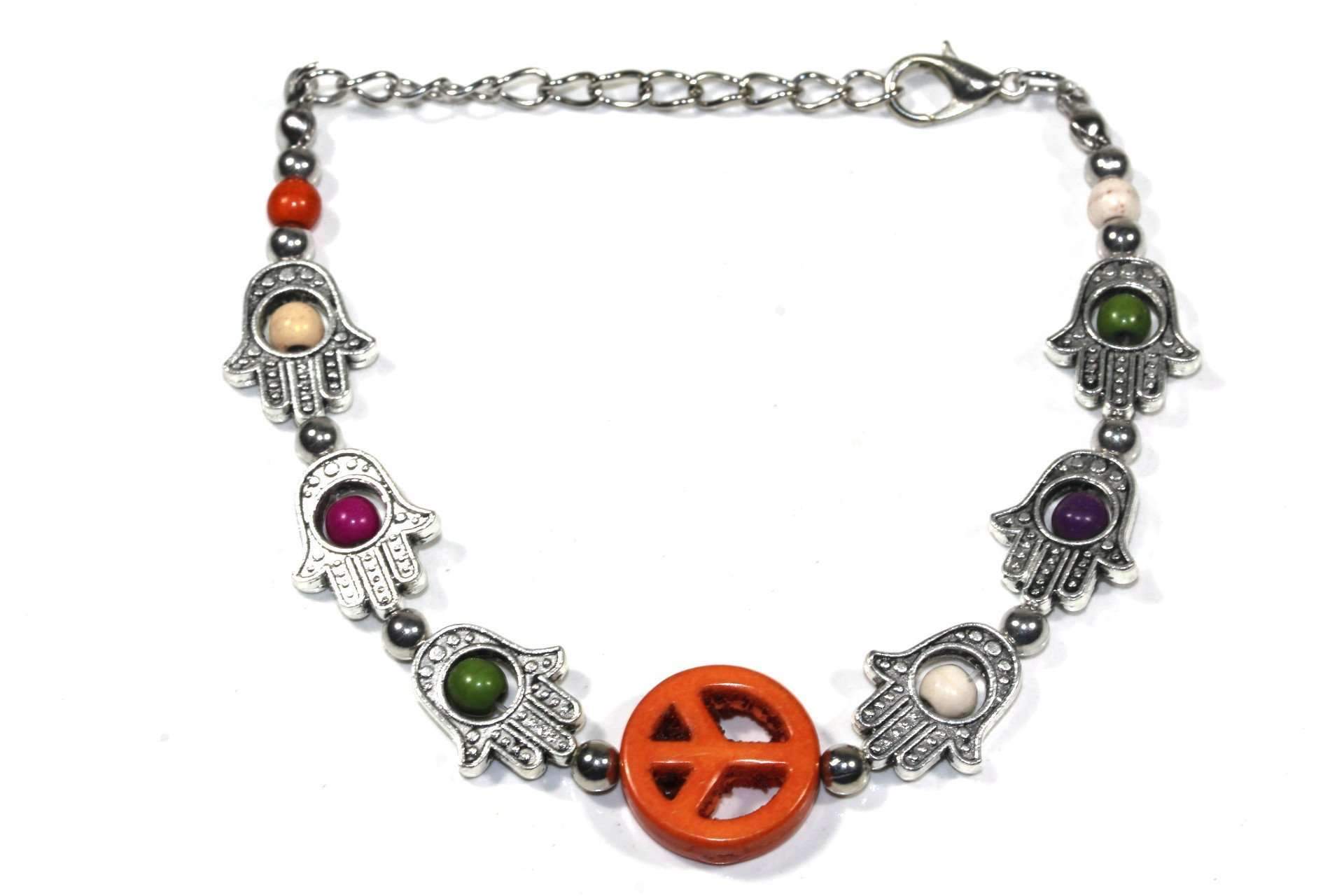 A stylish silver tone bracelet featuring Hamsa Hand and peace charms, adorned with colorful beads in a boho style.