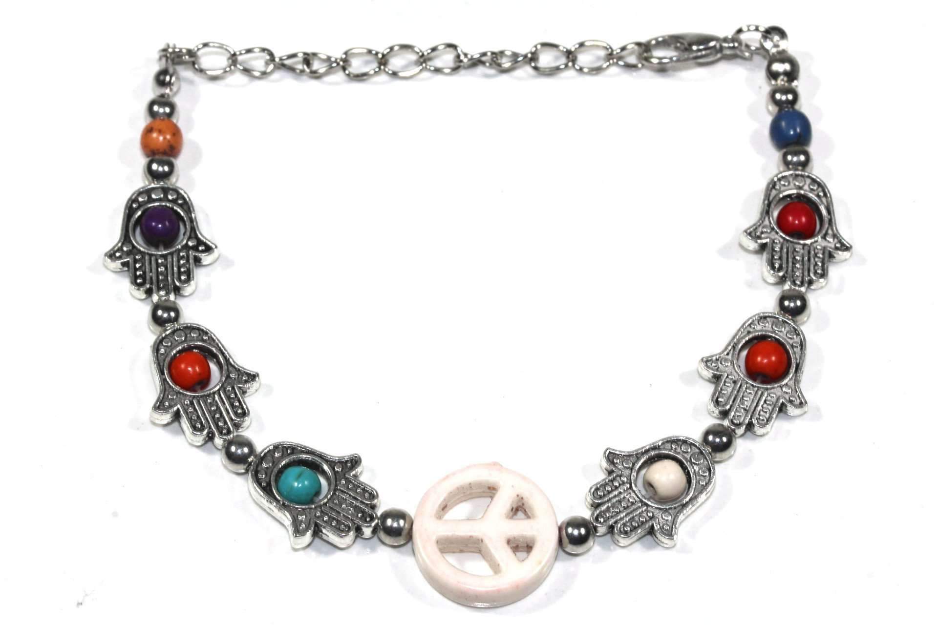 A stylish silver tone bracelet featuring Hamsa Hand and peace charms, adorned with colorful beads in a boho style.