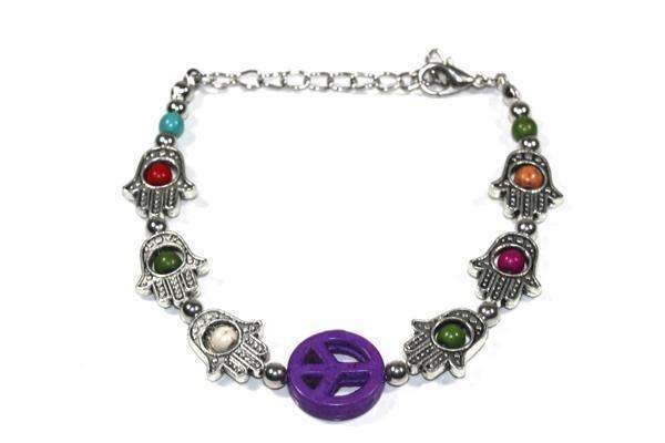 A stylish silver tone bracelet featuring Hamsa Hand and peace charms, adorned with colorful beads in a boho style.