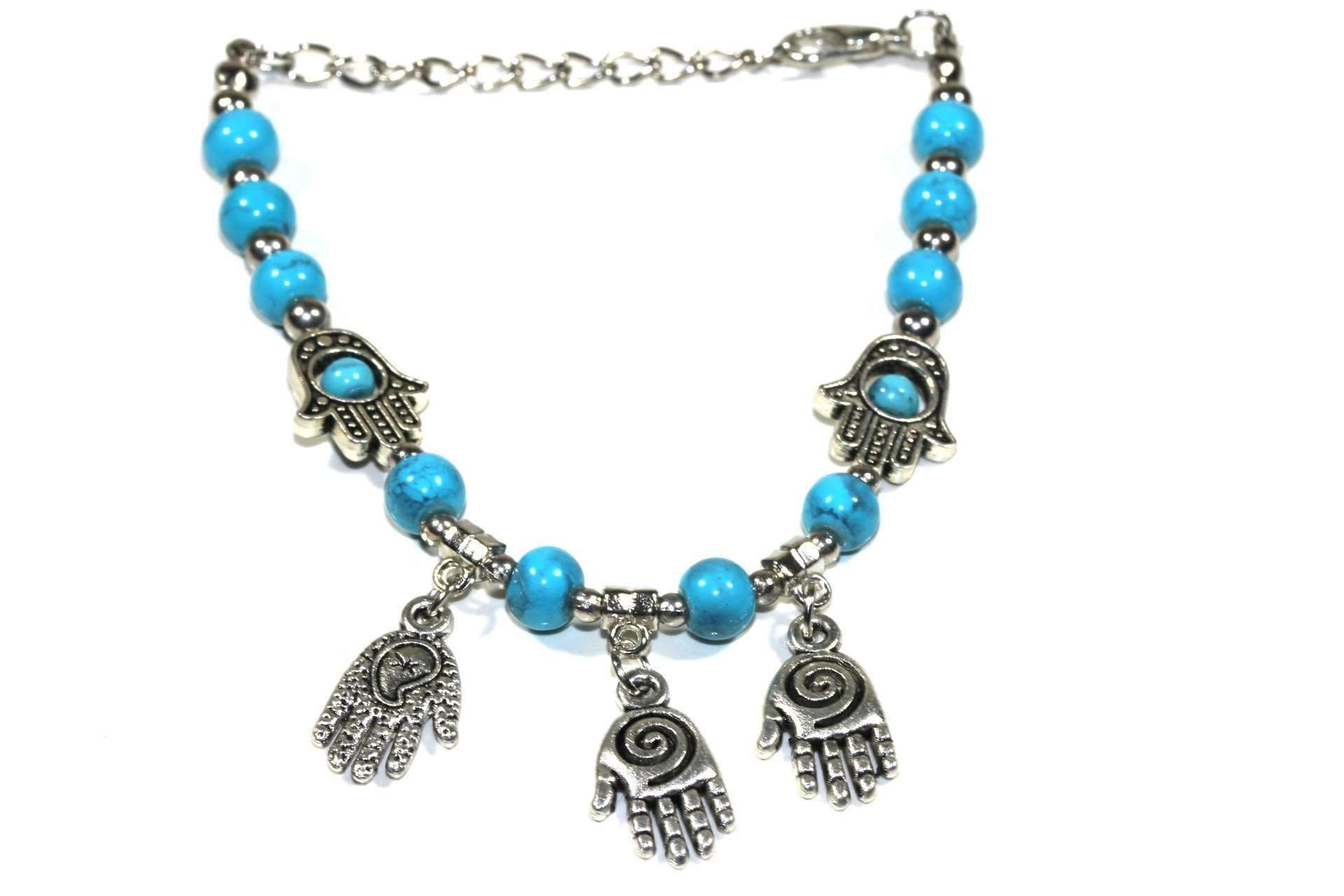 Hand of Fatima Beaded Charm Bracelet featuring Hamsa Hand charms and vibrant marbled beads.