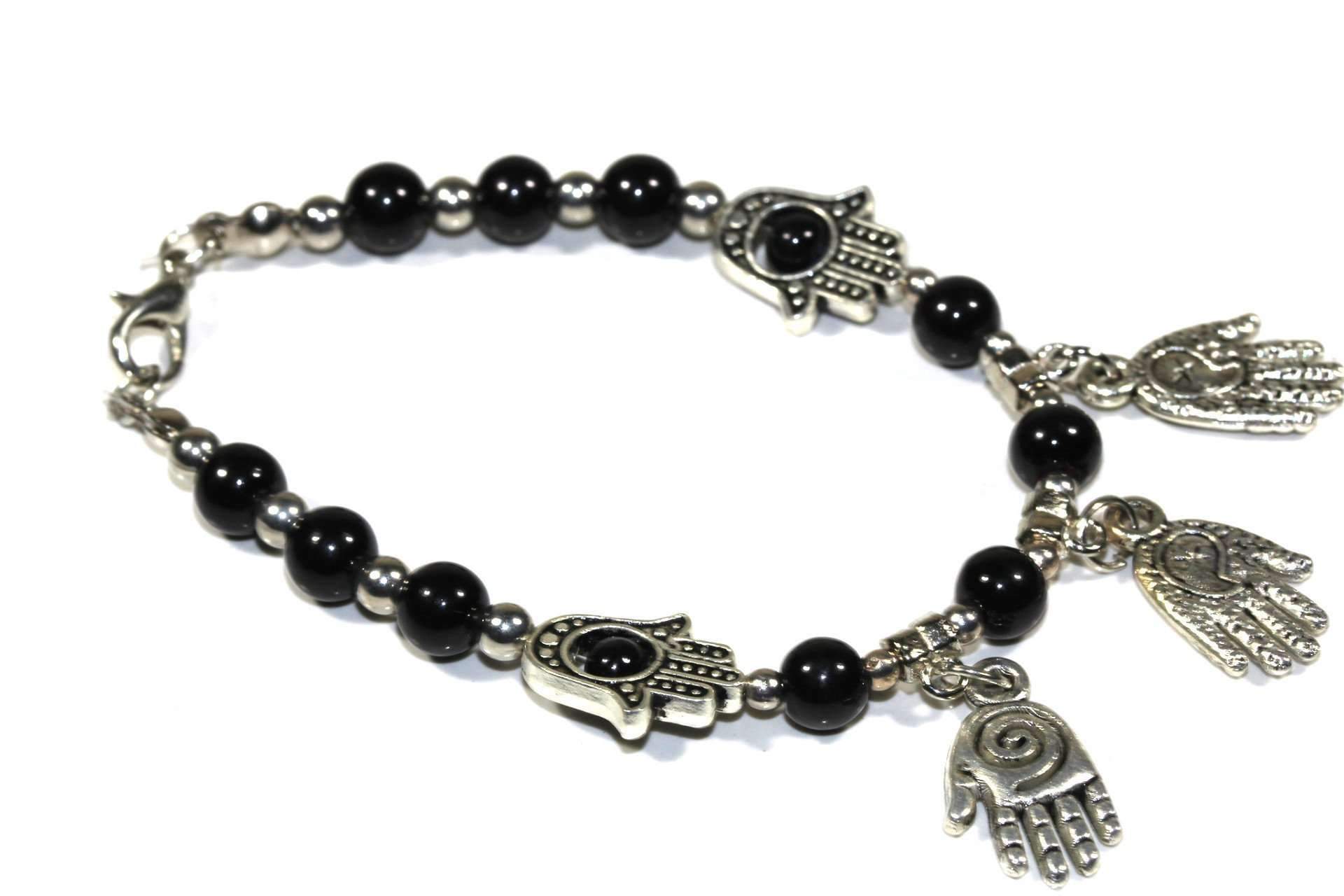 Hand of Fatima Beaded Charm Bracelet featuring Hamsa Hand charms and vibrant marbled beads.