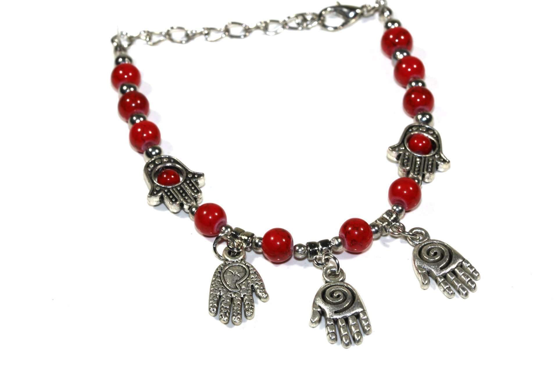 Hand of Fatima Beaded Charm Bracelet featuring Hamsa Hand charms and vibrant marbled beads.