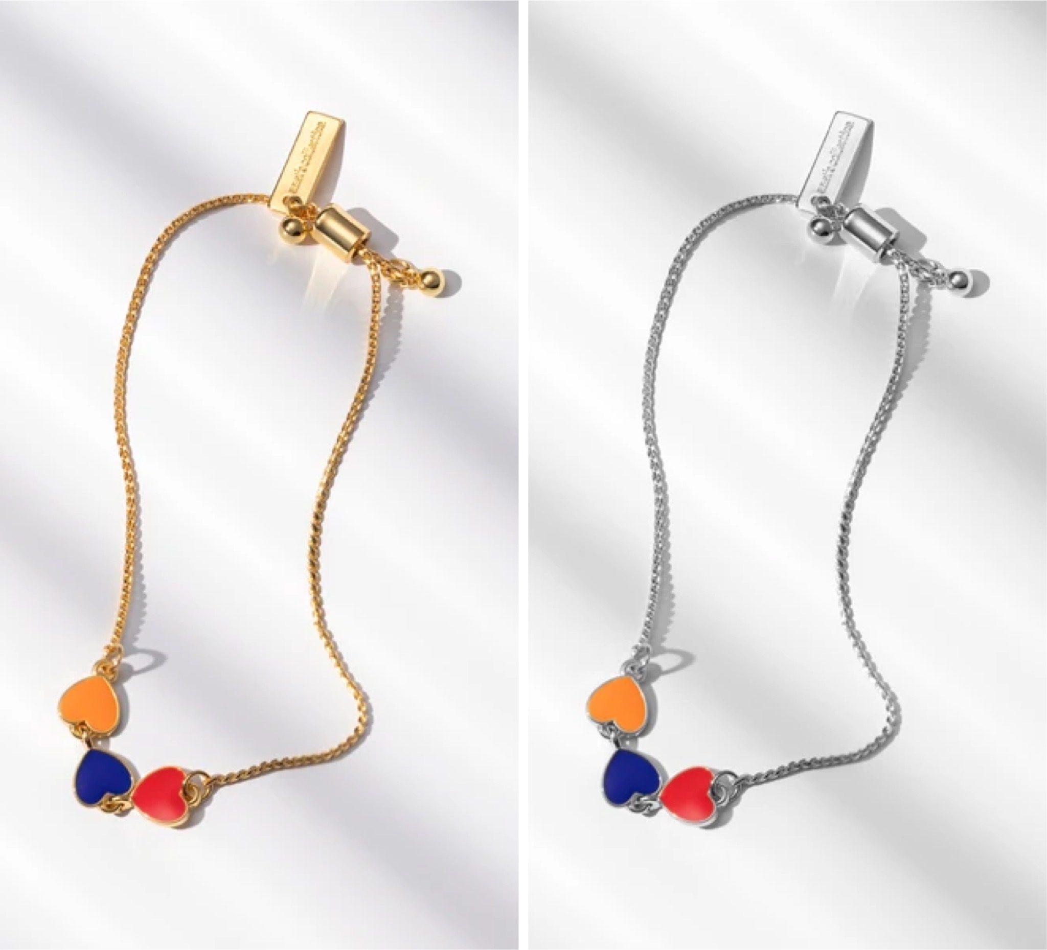 Hearts Bracelet by Anet's Collection featuring gold plated brass chain and tricolor enamel hearts representing the Armenian flag.