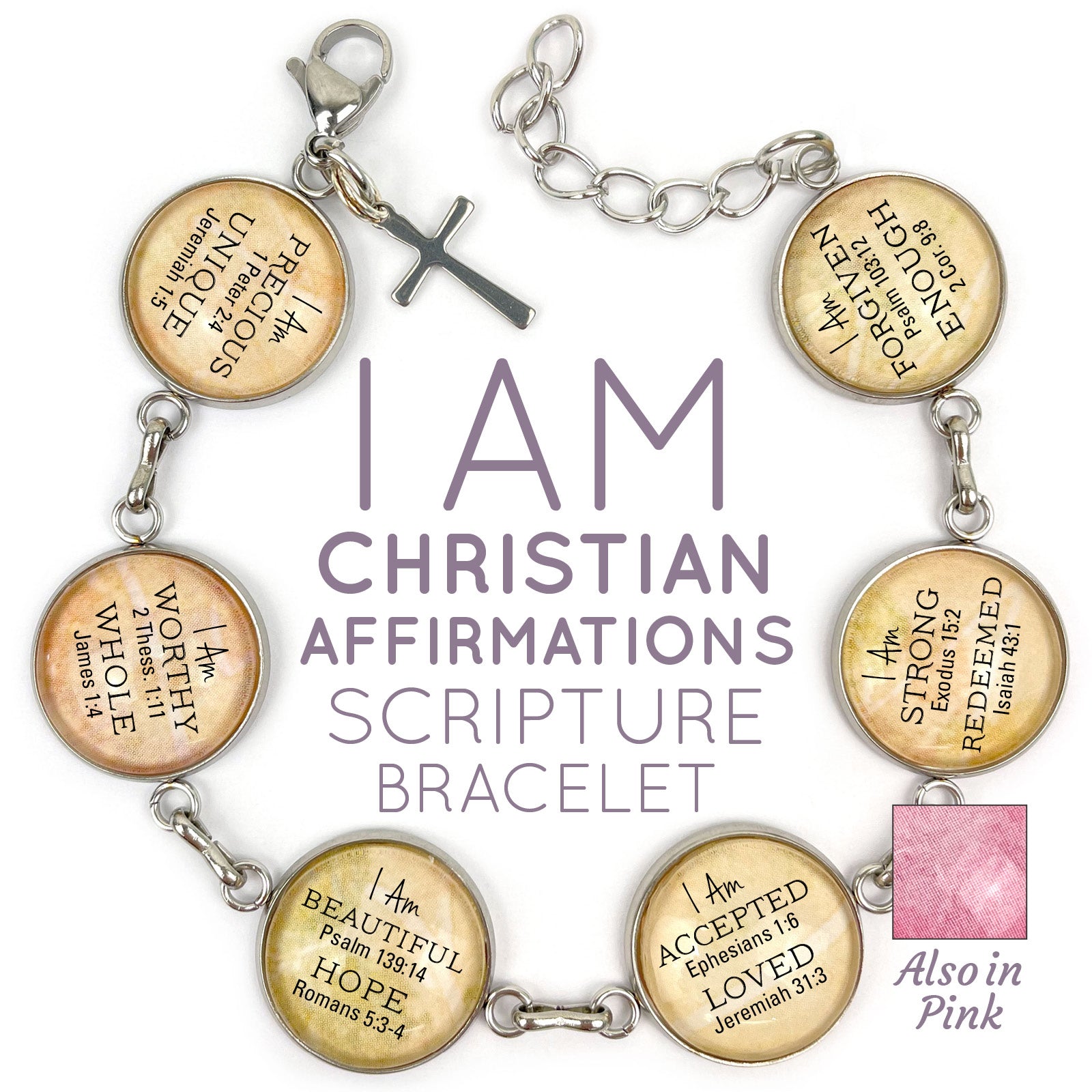 I AM Christian Affirmations Scripture bracelet featuring glass charms and a cross charm on a pink background.