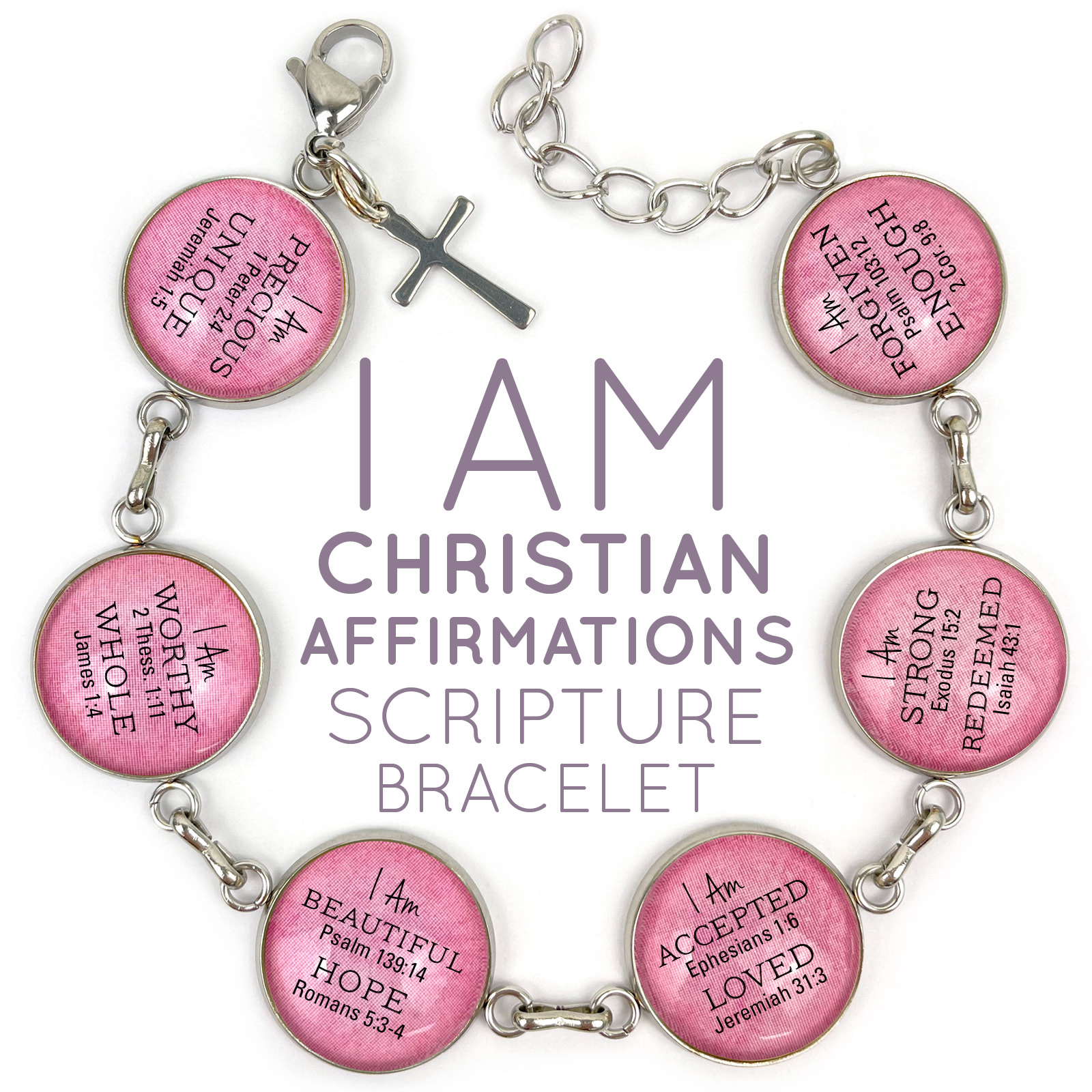 I AM Christian Affirmations Scripture bracelet featuring glass charms and a cross charm on a pink background.