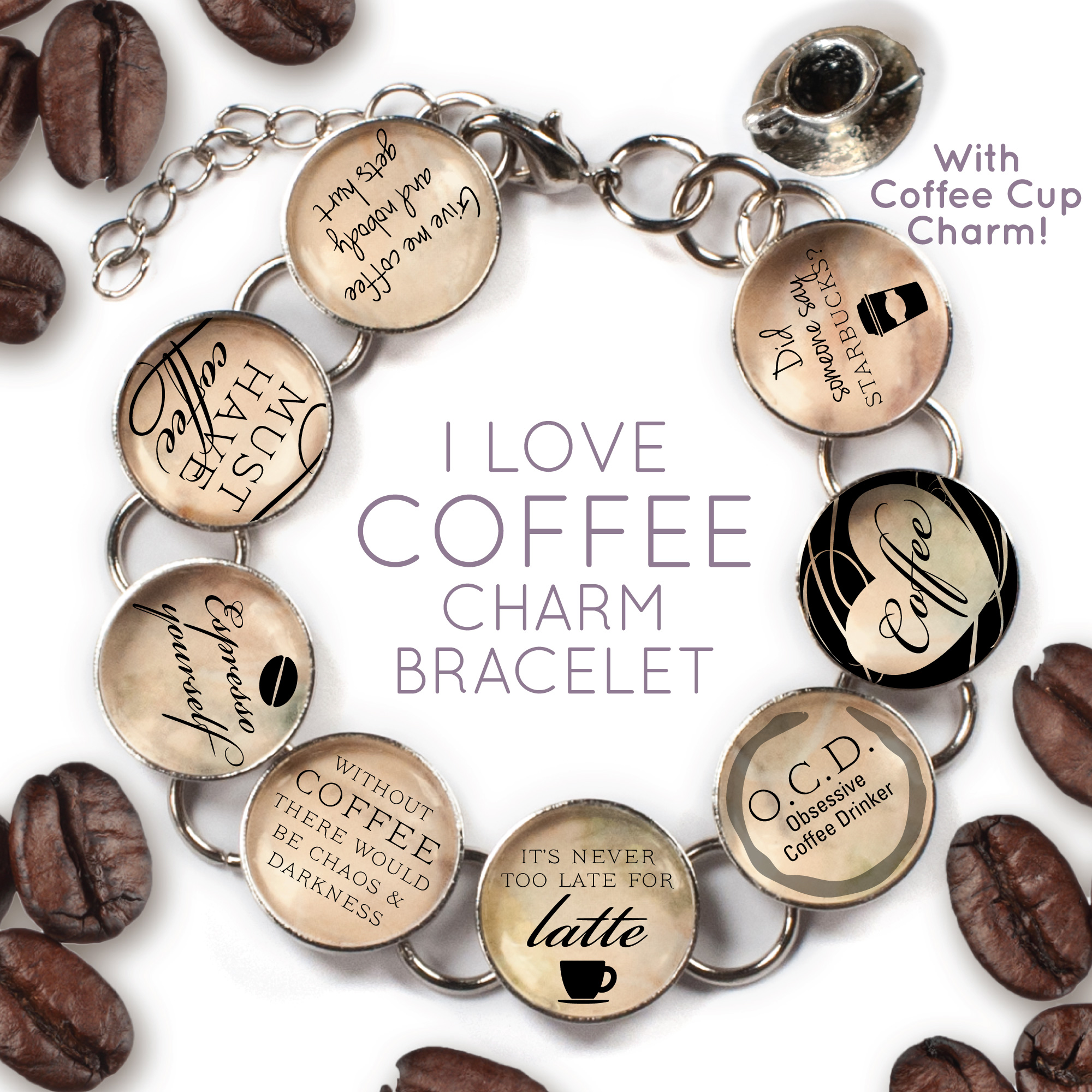 Custom glass charm bracelet featuring coffee cup charm and eight unique coffee-themed charms.