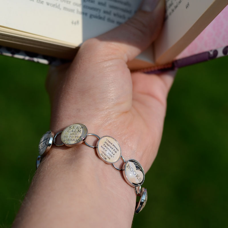 Custom glass charm bracelet featuring coffee cup charm and eight unique coffee-themed charms.