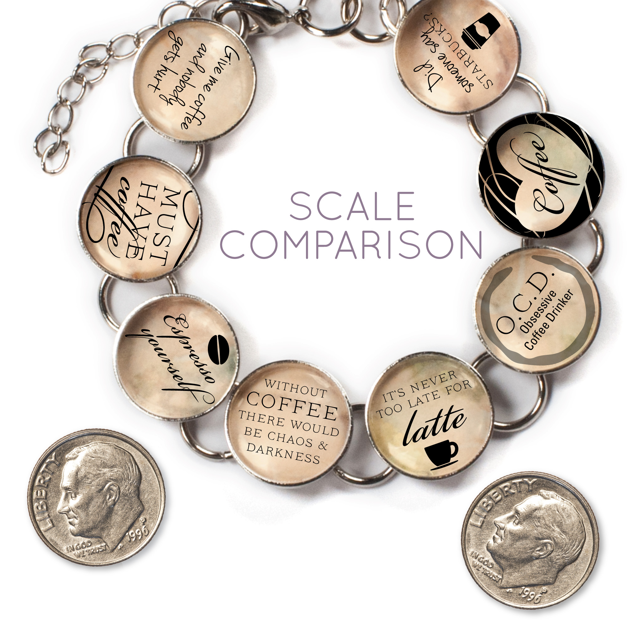 Custom glass charm bracelet featuring coffee cup charm and eight unique coffee-themed charms.