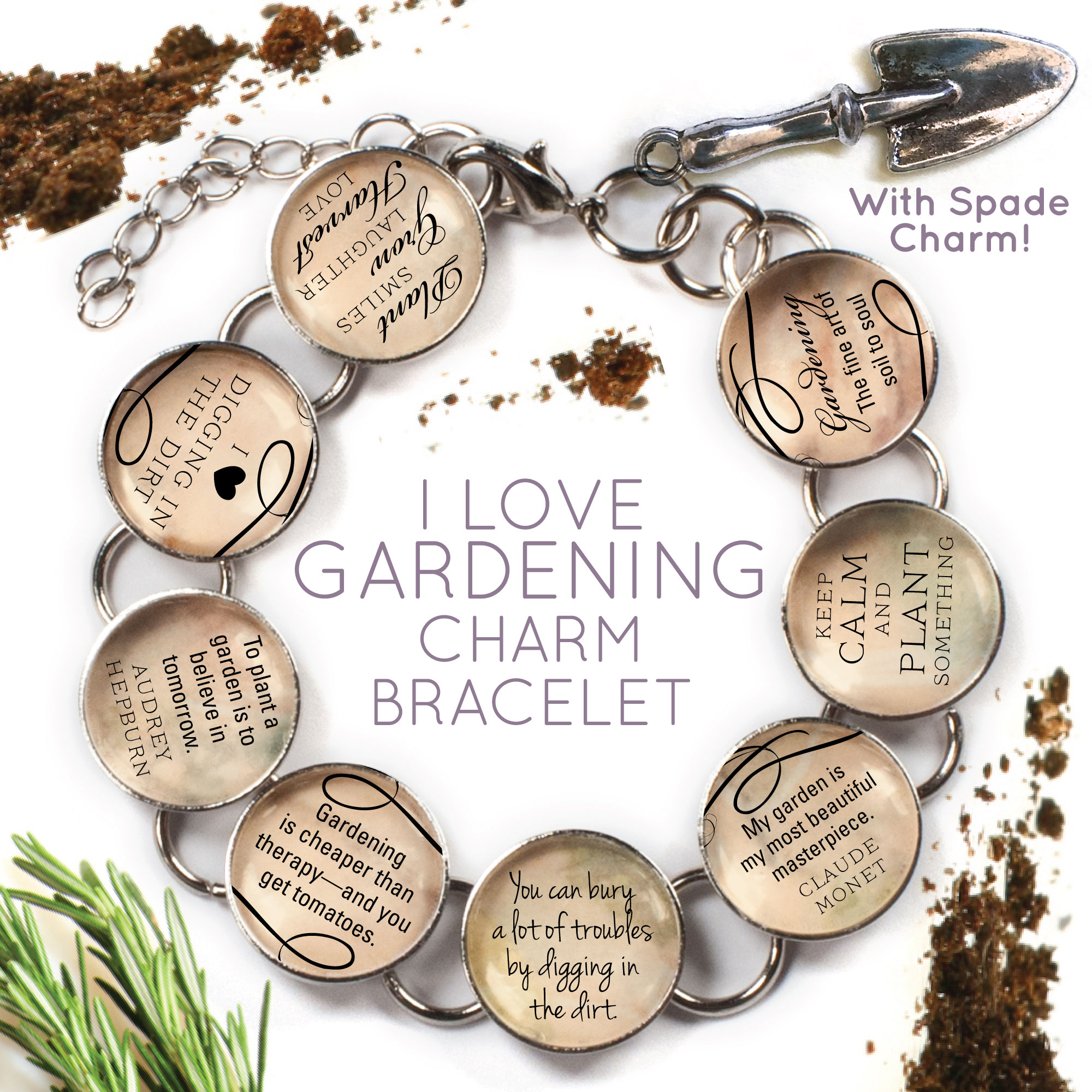 A silver charm bracelet featuring eight glass charms with gardening quotes and a dangling garden spade charm, elegantly displayed in a lavender organza bag.